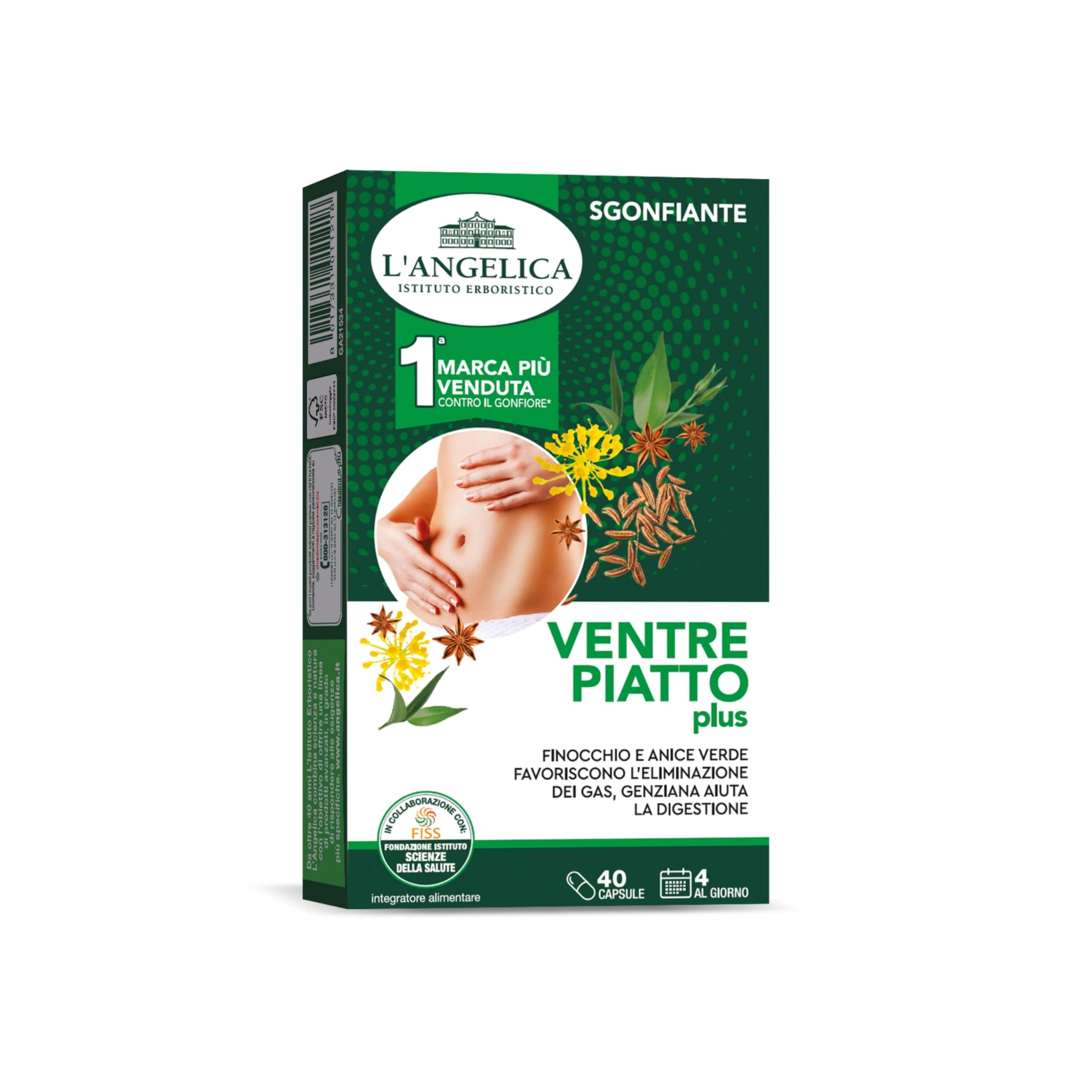 L'Angelica, Ventre Piatto Plus, Integratore Sgonfiante, Con Anice Verde, Finocchio e Carvi, Vegano, Senza Lattosio, 1 Confezione da 40 Capsule