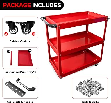 YATOINTO Updated Rolling Tool Cart 330LBS Metal 3 Tier Rolling Cart Carts with Wheels Heavy Duty Utility Carts, Ergonomic Handle Rolling Mechanic Tool Cart Storage Organizer for Warehouse Garage
