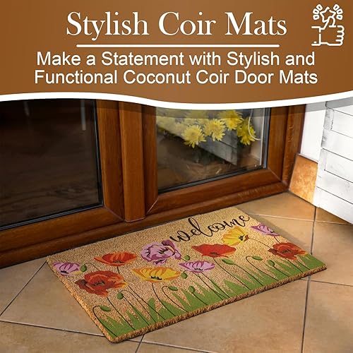 Miniatura 2 de Tapete de puerta con estampado de rosas de bienvenida, resistente, fibra de coco gruesa, para exterioresinteriores con respaldo de PVC