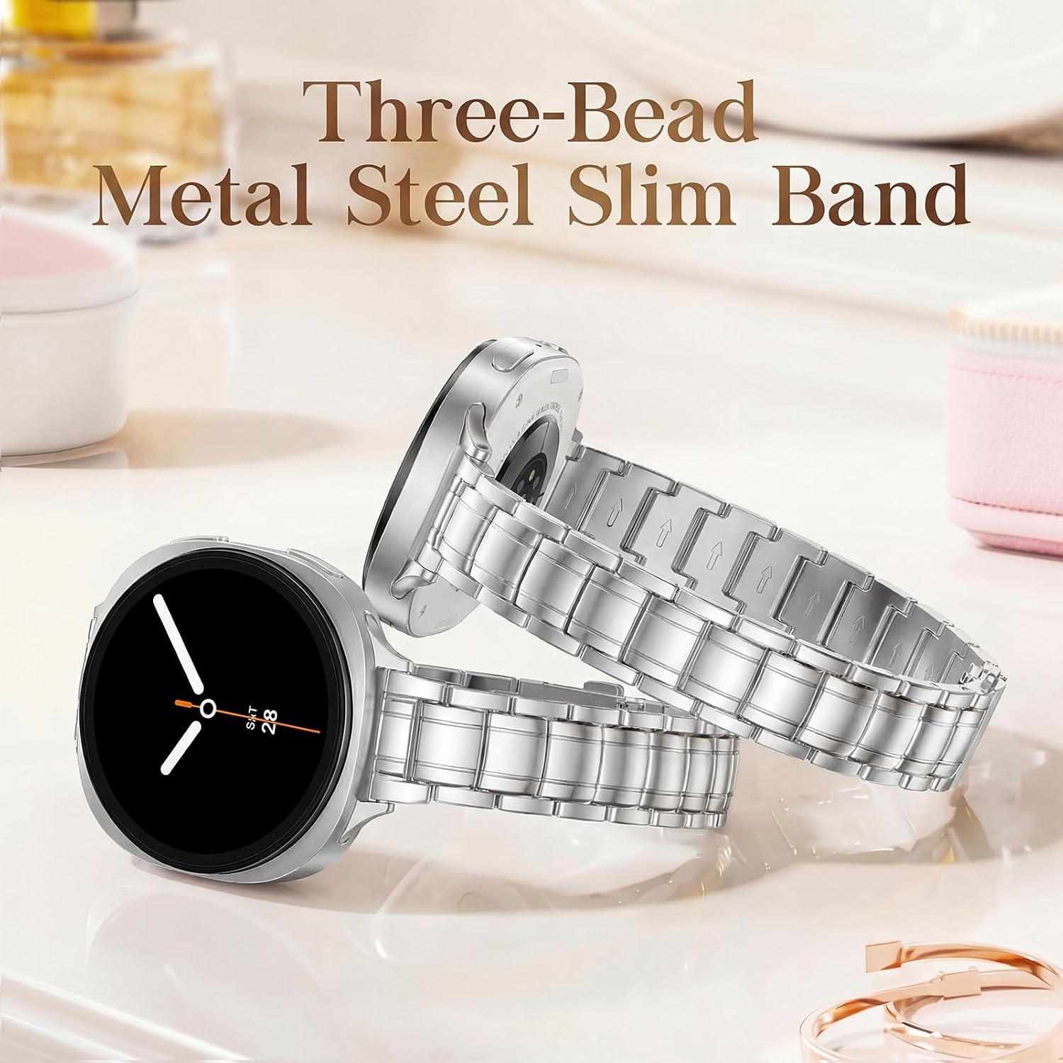 slim metal bands for samsung galaxy watch 8 band 40mm 44mm/8 classic 46mm,thin elegant stainless steel dressy business strap replacement wristbands for samsung watch 8 band 40 44 mm,06-silver