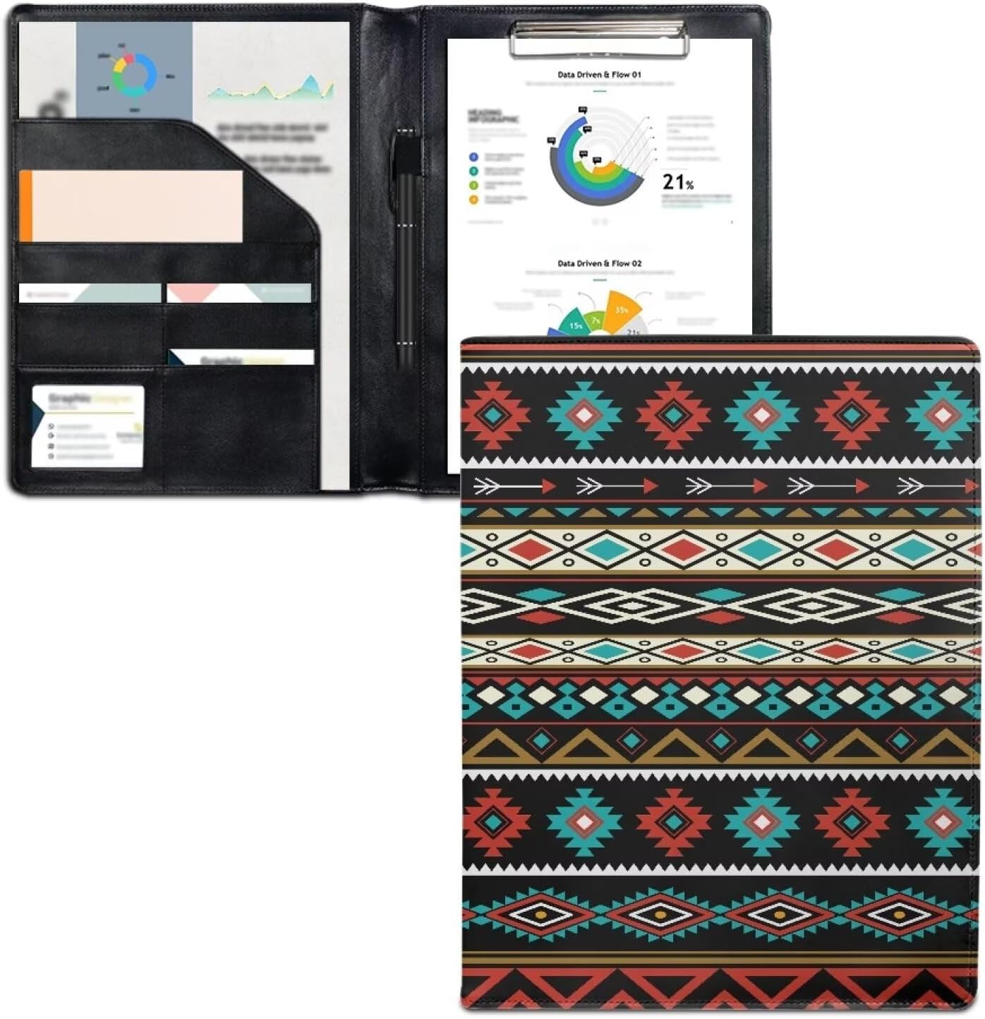 Dreaweet Aztec Pattern Blue Portfolio Padfolio Organizer Binder with Clipboard,Leather Business Interview Resume Document Holder Folder Planner Organizer for Office Conference Notepad