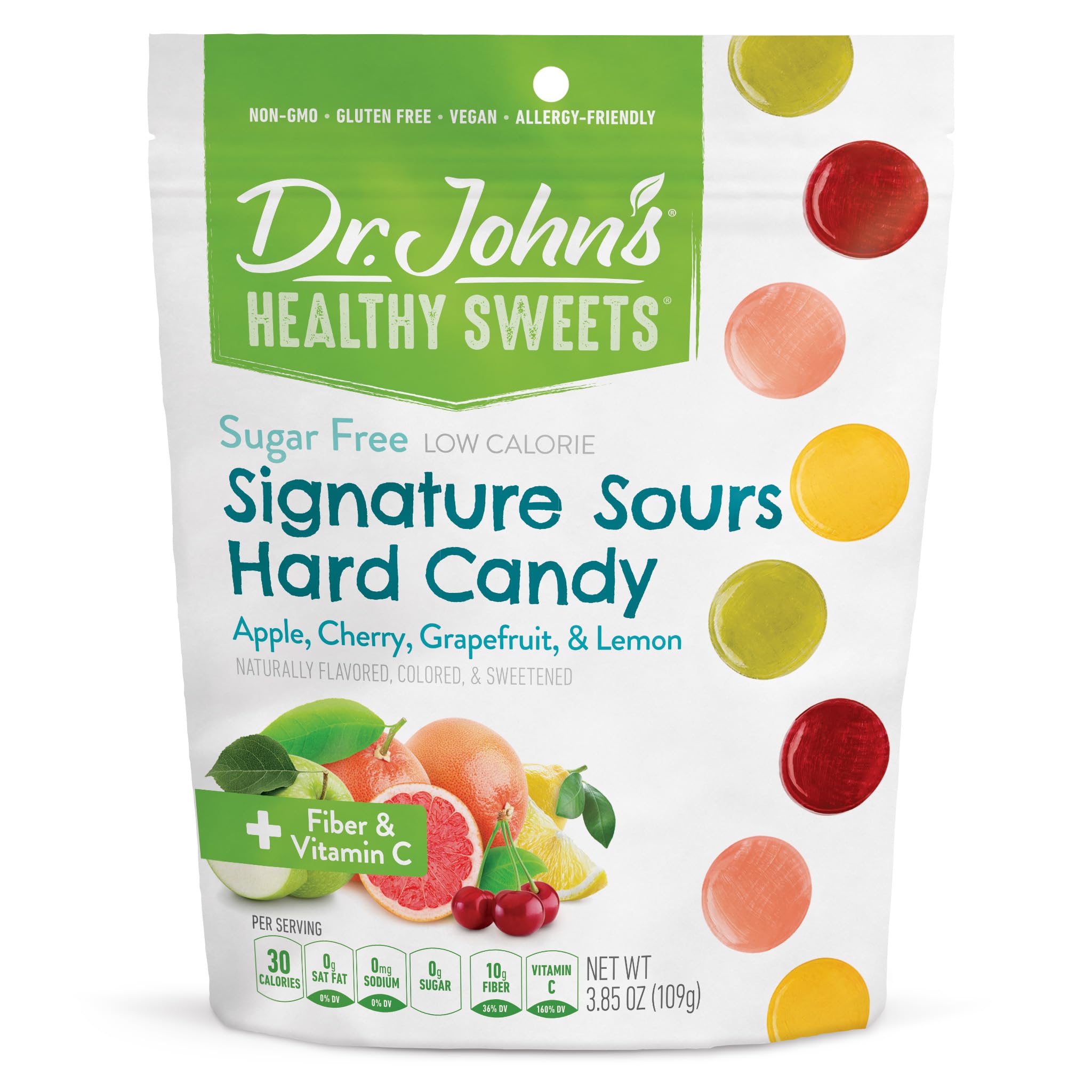 Dr. John's Healthy Sweets Signature Sours Hard Candy with Zero Sugar, Dye Free, Plant Based, Keto Friendly, 24 Count, 3.85oz Bag