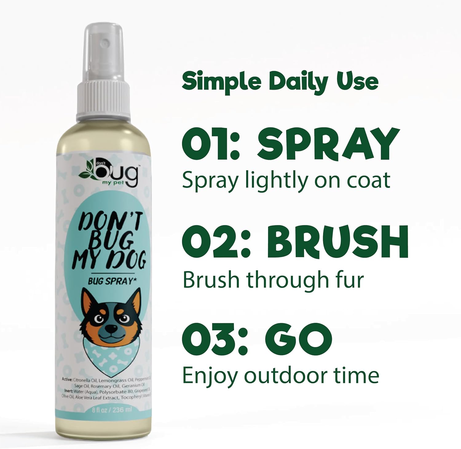 Don’t Bug My Dog™ Natural Dog Spray – Plant-Based Essential Oil Formula – Outdoor Dog Spray for Coat & Skin – Daily Use Botanical Dog Care