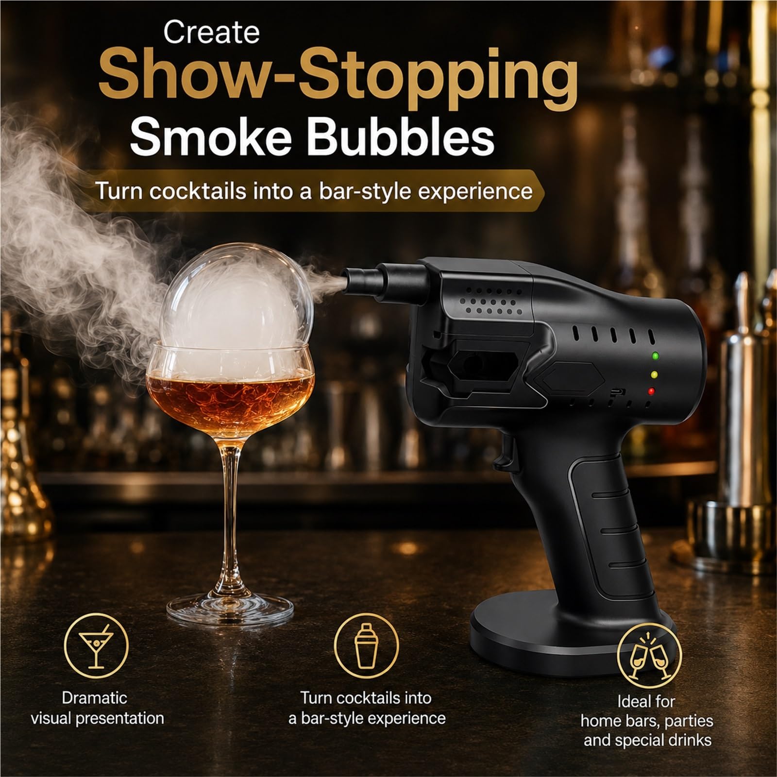 Elektryczny Pistolet do Baniek z Dymem do Koktajli Zestaw do Wędzenia Drinków dla Barmanów i Szefów Kuchni Jeden Przycisk do Baru na Przyjęcia i Imprezy Domowe(No storage case)