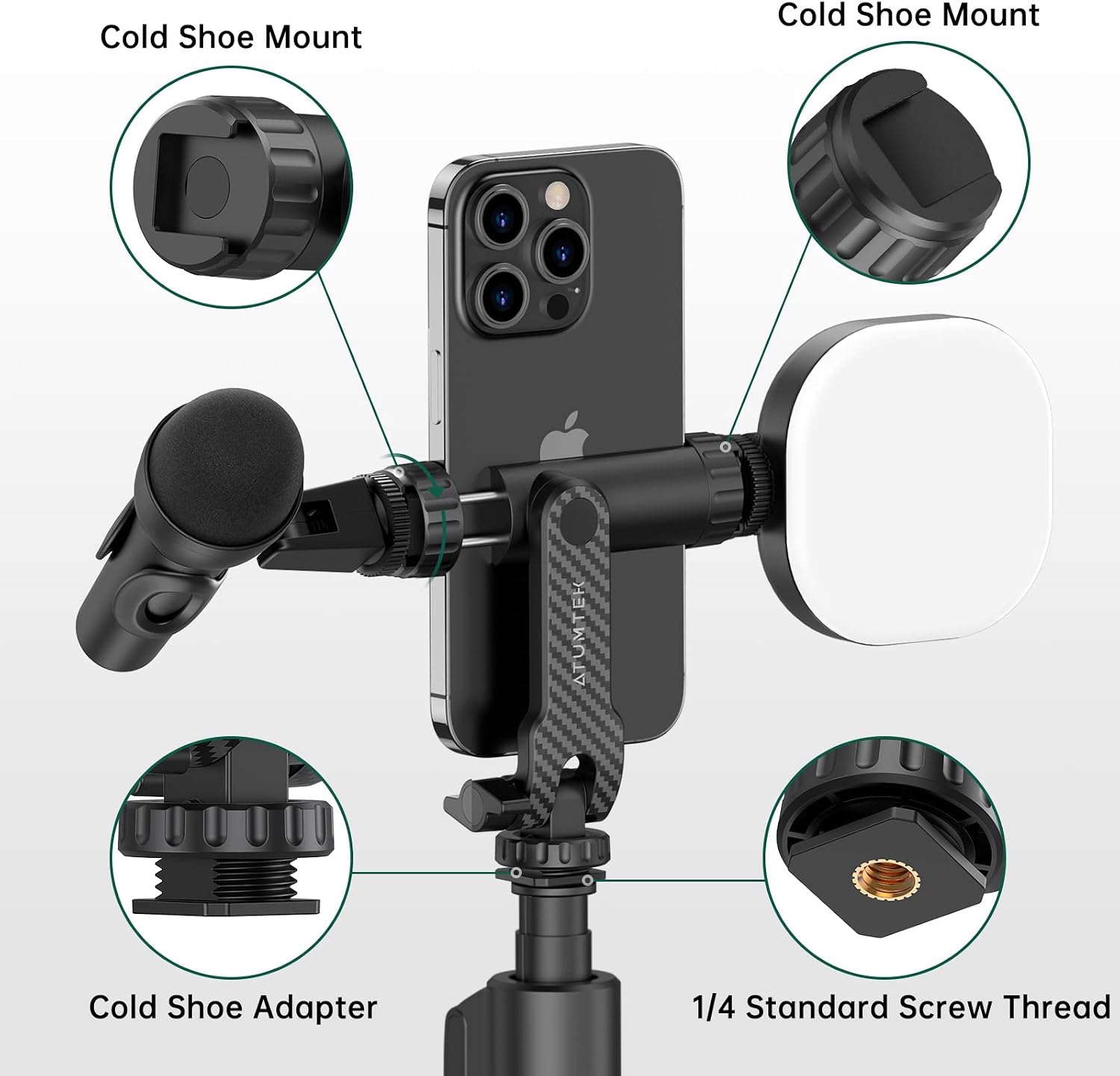 ATUMTEK Phone Tripod Mount, Universal Smartphone Mount Adapter with 2 Cold Shoe and 1/4" Standard Screw, 360° Rotates and 180° Tilts Adjustable Cell Phone Clamp Holder for Perfect Mobile Photography