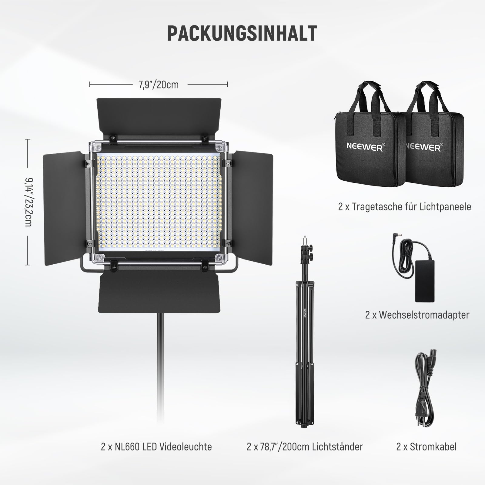 NEEWER 2er Pack zweifarbige 660 LED Videoleuchte und Stativ Set: (2) 3200–5600K CRI96+ dimmbare Beleuchtung mit U Halterung, (2) 75 Zoll Stativ für Studiofotografie und Videoaufnahmen, NL660
