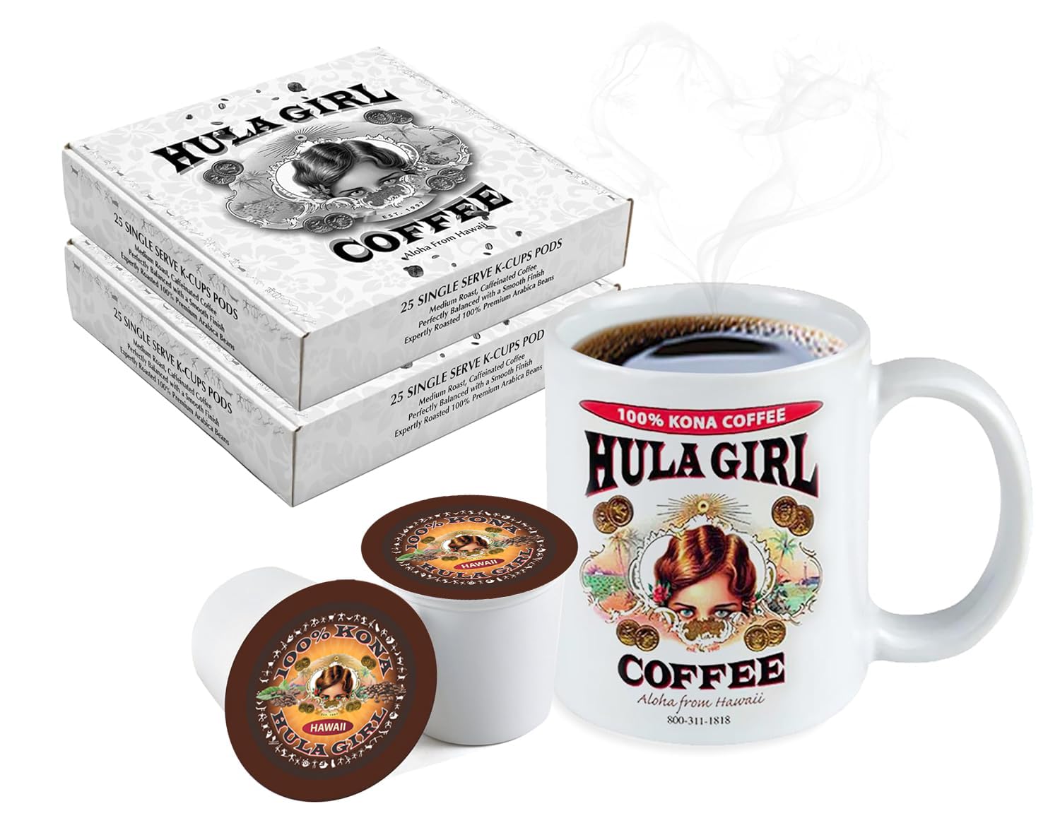 Hula Girl K2 Compatible 100% Kona Coffee Single Servings - Box of 50
