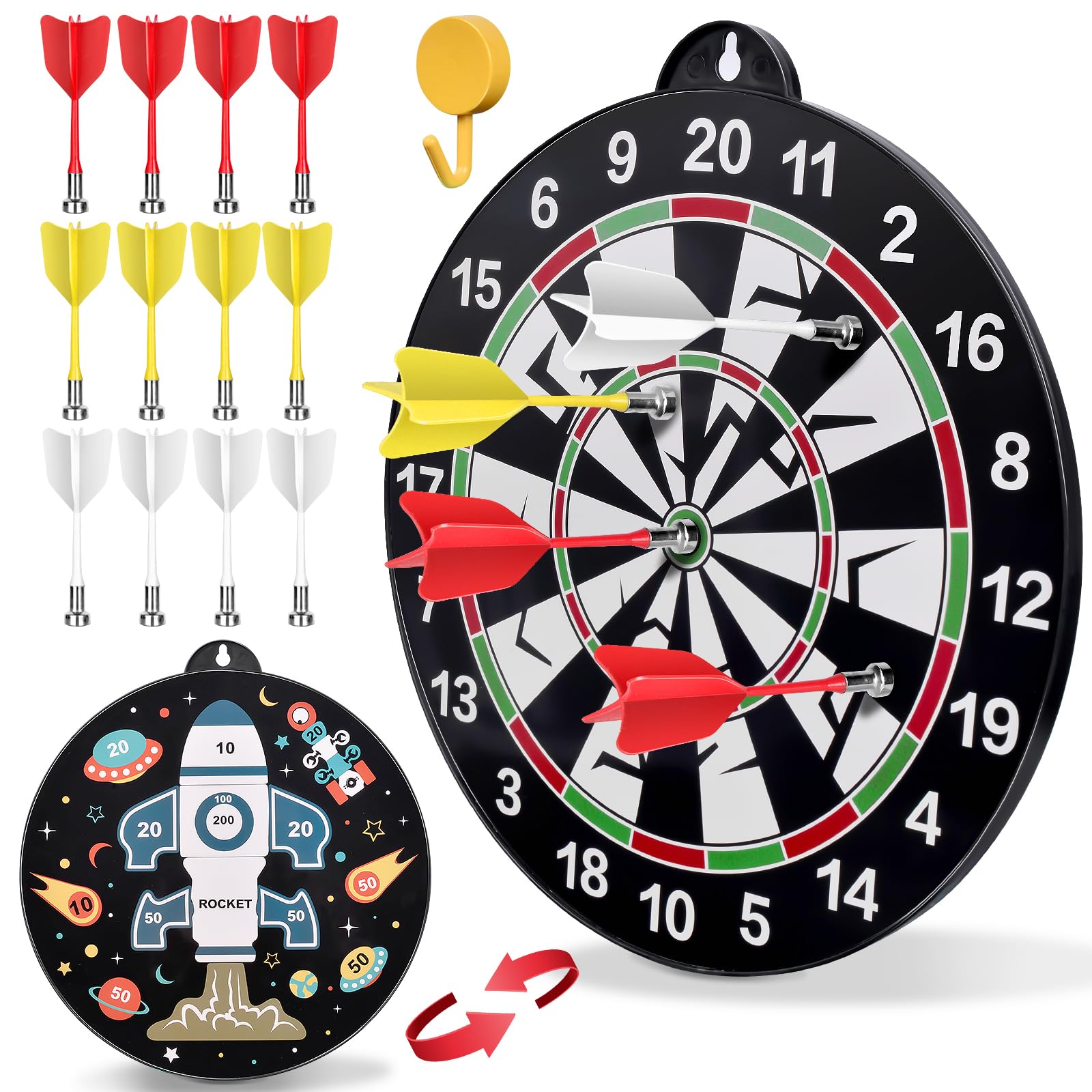 flintronic Dwustronny magnetyczny zestaw do rzutek dla dzieci, duży rozmiar, zabawki dla chłopców, tarcze do rzutek z 12 rzutkami, do użytku wewnątrz i na zewnątrz, na imprezę, zabawki, prezenty dla