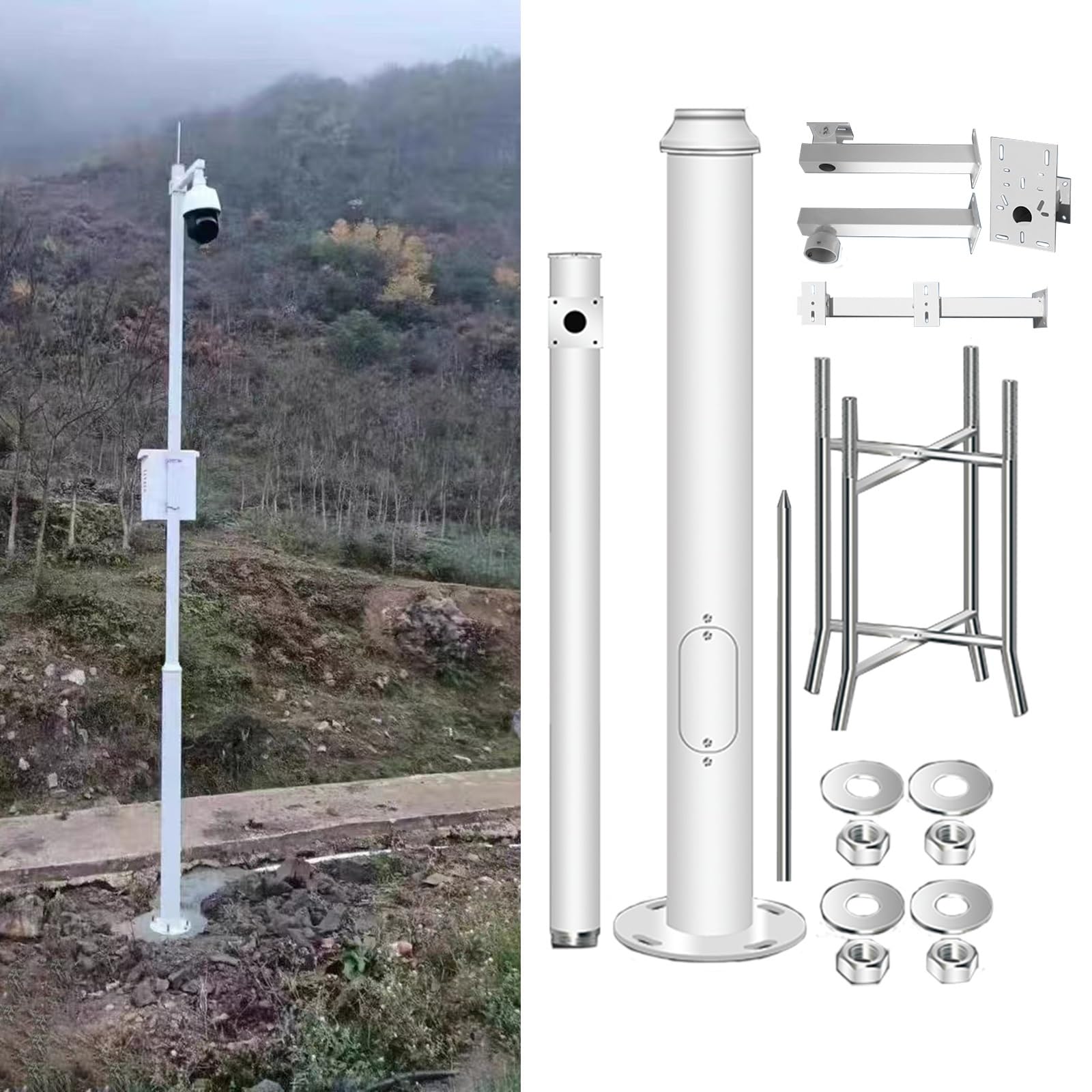 MRVAKDYDI Weatherproof Steel Surveillance Post, Security Camera Pole White Adjustable Height Outdoor Surveillance 200-600cm(250cm Height)