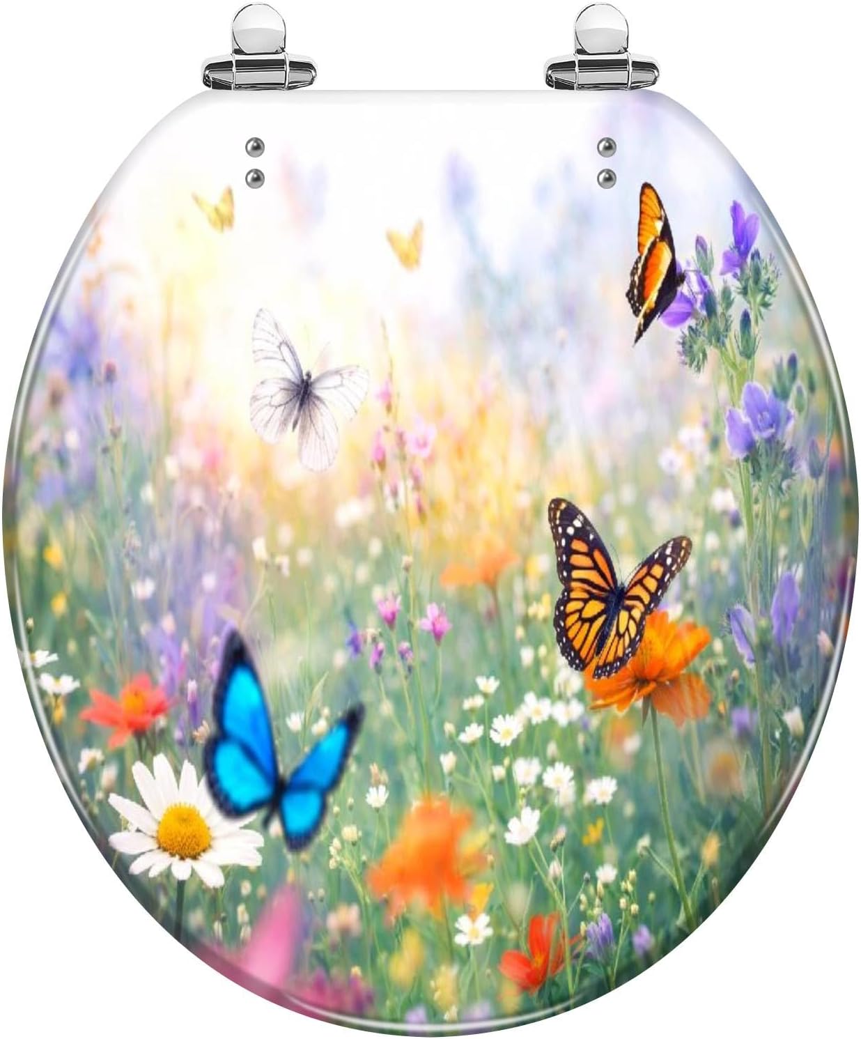 Round Toilet Seat Meadow With Butterflies Resin Toilet Seat Quietly Slow Close with Quick-Release Hinges Toilet Seat with Cover Easy to Clean Install