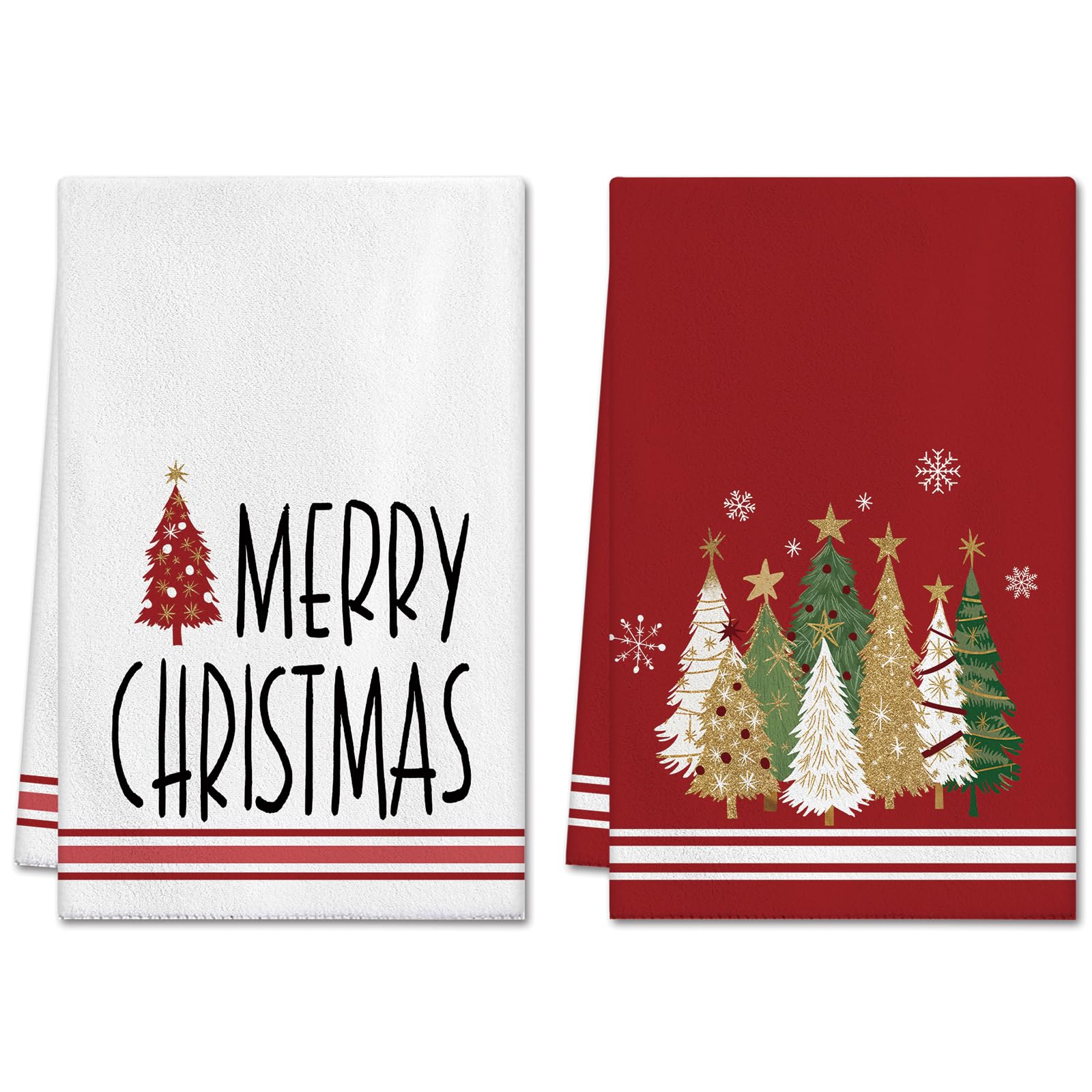 Artscope Merry Christmas Kitchen Towels Dish Towels 45x66 cm, Set of 2 Christmas Tree and Snowflakes Winter Decoration Hand Towels for Cleaning Cute Design Home Decor (Red)