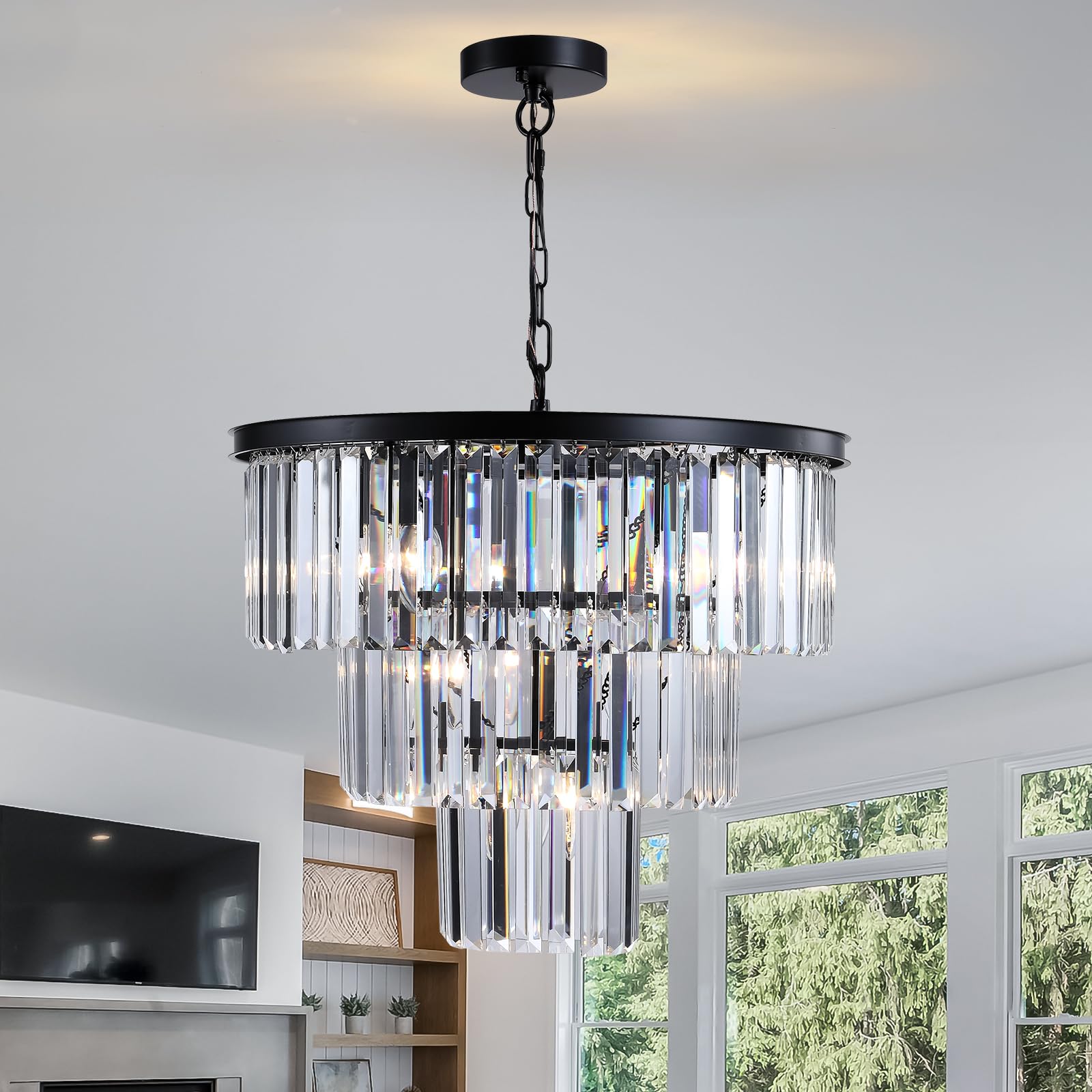 19.6 Inch Black Crystal Chandeliers Modern Round Chandeliers, 7 Lights 3-Tier Luxury Raindrop Crystal Chandeliers for Dining Room Bedroom Entryway Flush Mount Ceiling Pendant Light Fixtures