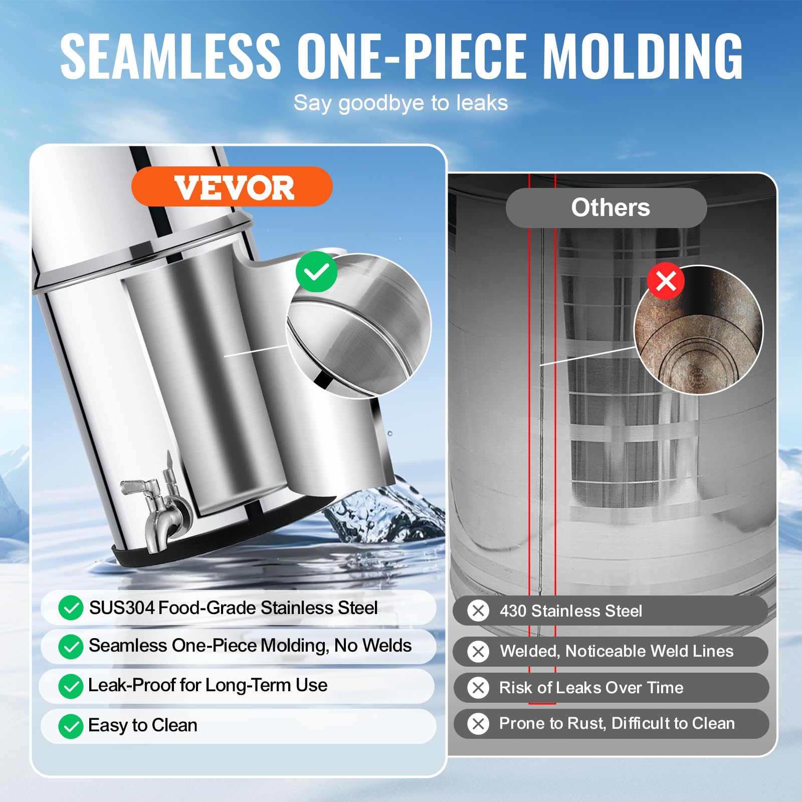 VEVOR Sistema di Filtraggio Acqua a Gravità Sistema da banco in Acciaio Inox Sistema Filtraggio Acqua 7+8,5 L, Riduce Piombo Cloro, Filtraggio Acqua con 2 Filtri al Carbone Rubinetto Camping RV Home