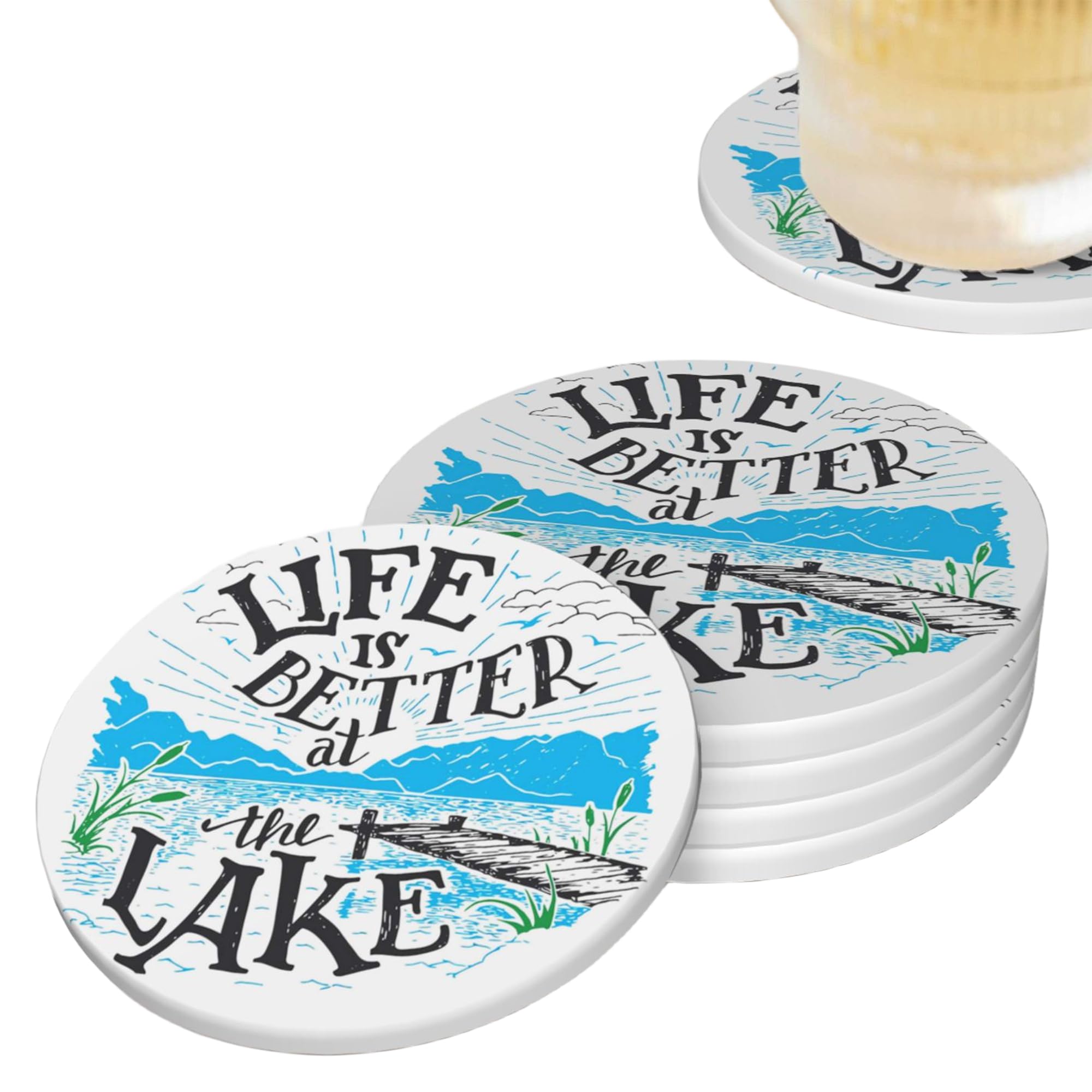 Life is Better Lake Coasters for Drinks Set of 4, Absorbent Ceramic Drink Coasters for Coffee Table Wooden Table Cup Bar, 4 Inches