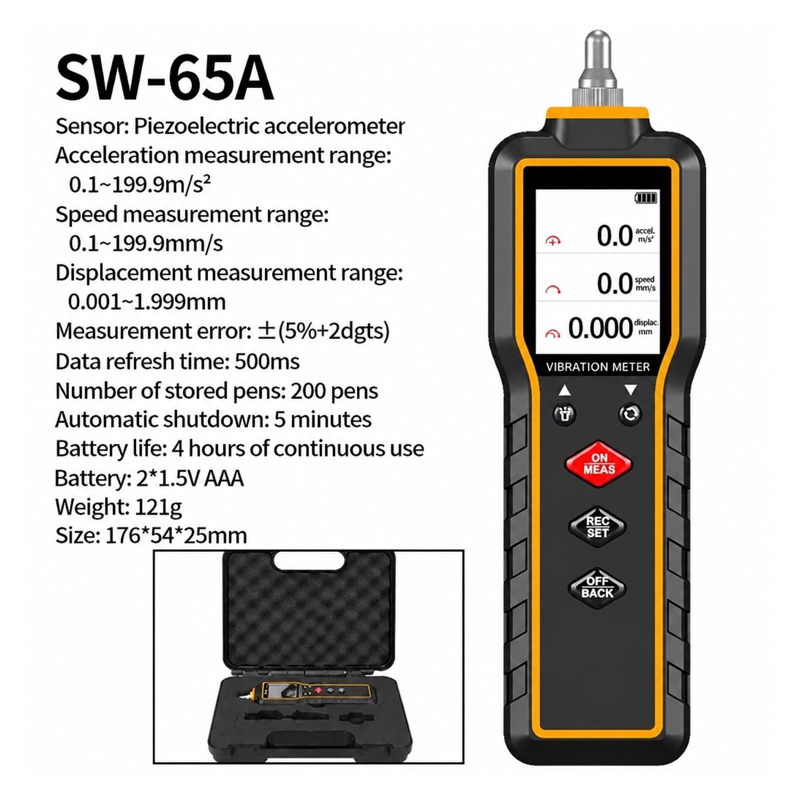 Miernik Wibracji, Cyfrowy Miernik Drgań SW-63A | 0,1–199,9 M/s², Urządzenie Ręczne, Podświetlenie LCD, Obracanie Ekranu O 360°, 200 Zestawów(SW-63A)
