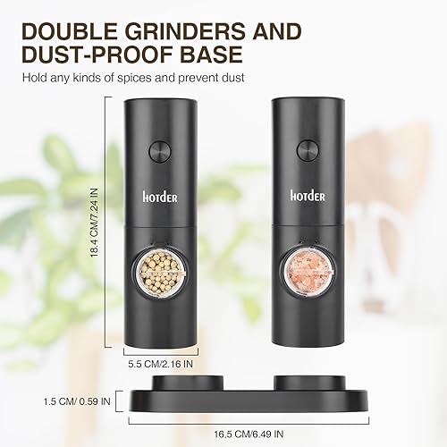 Miniatura 2 de Hotder Juego de molinillo eléctrico de pimienta y sal, funciona con pilas, ajustable, 5 niveles de grosura, molinillo de pimienta negra con soporte,
