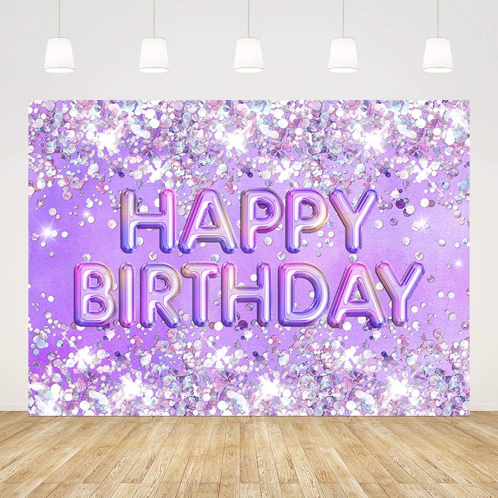 AIBIIN 7x5ft Happy Birthday Backdrop for Girl Purple Glitter Happy Birthday Photography Background Happy Birthday Party Decorations Banner Photo Booth