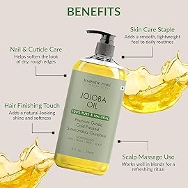 Majestic Pure Jojoba Oil - 100% Pure & Natural - Premium Grade, Cold-Pressed, Hexane-Free Carrier Oil for Skin, Hair and Body - Moisturizing Skin, Hair and Scalp - 8 Fl Oz