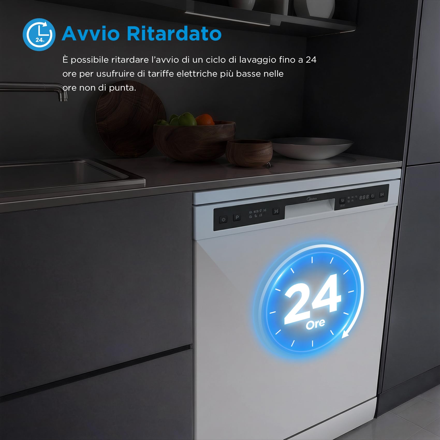 Midea MFD60S120W-HR Lavastoviglie Libera Installazione con 12 coperti, 6 Programmi, Partenza Ritardata, Funzione di Mezzo Carico, 60 cm - Bianco