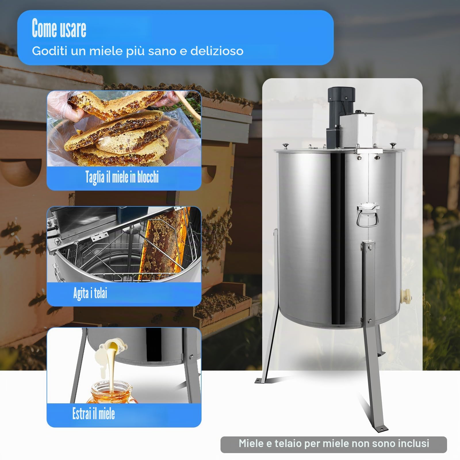 Fionda elettrica per miele a 4 cornici, estrattore professionale in acciaio inox con regolazione della velocità, uscita miele e coperchio, accessori per api per apicoltura e apicoltori amatoriali