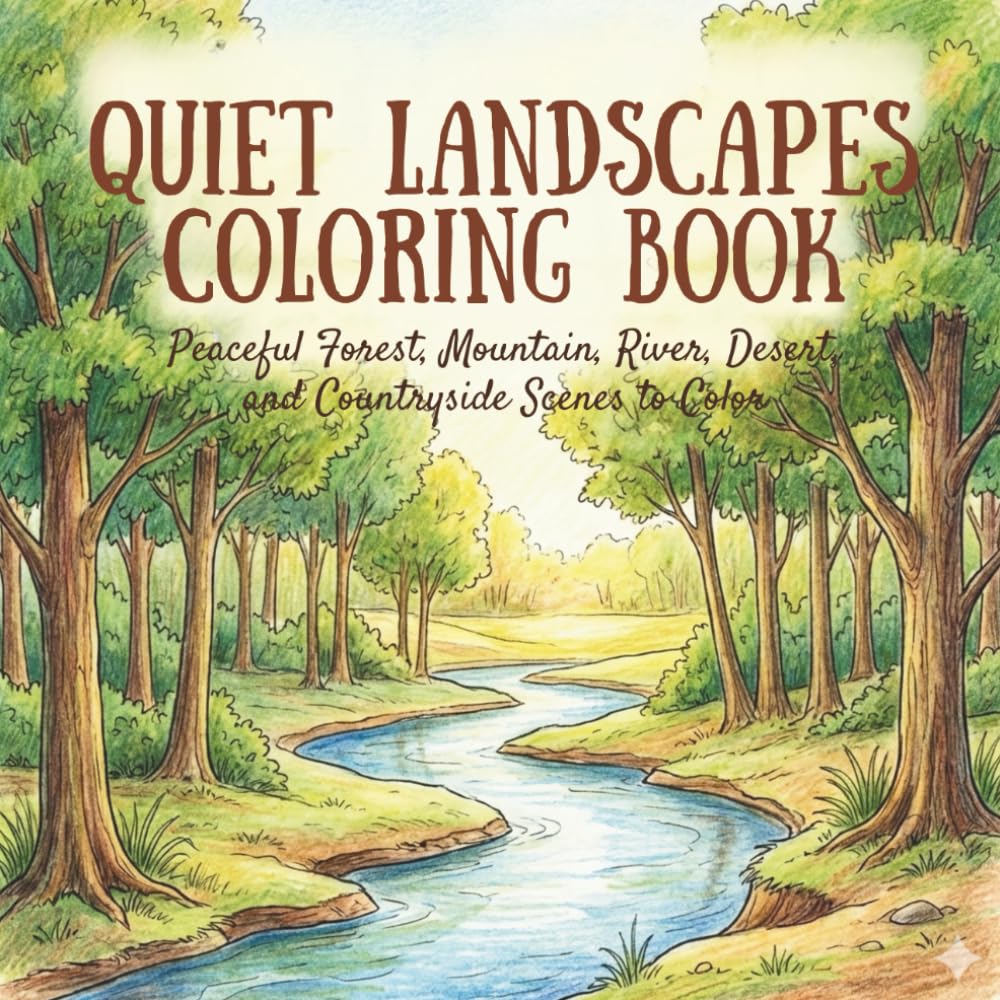 Quiet landscape coloring book: Peaceful Forest, Mountain, River, Desert, and Countryside Scenes to Color