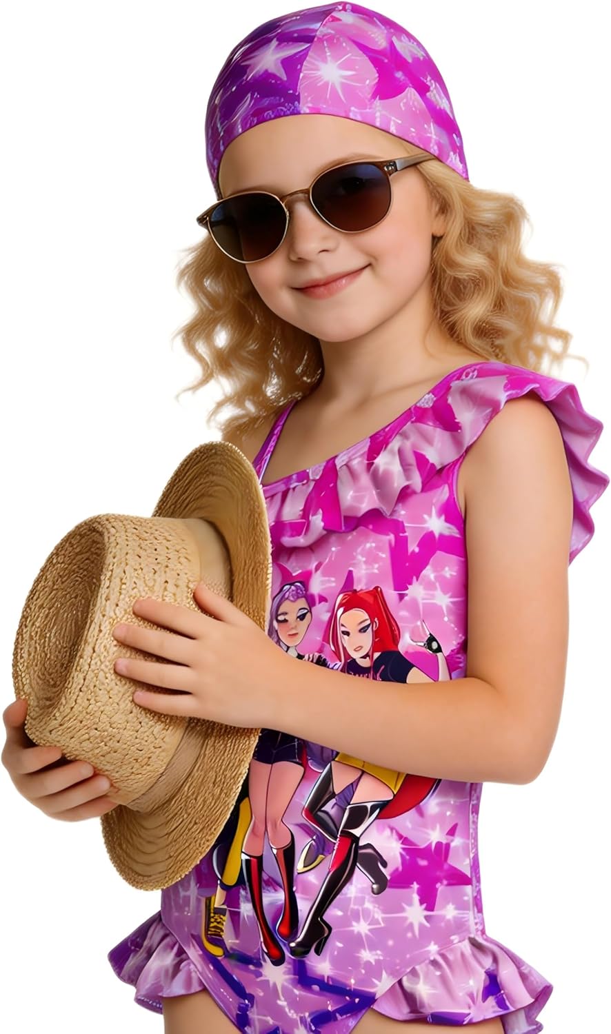 Girls K-pop Swimsuit Swim Cap Set Ruffle Hem Adjustable Straps One-Piece Bathing Suit 4-12Y