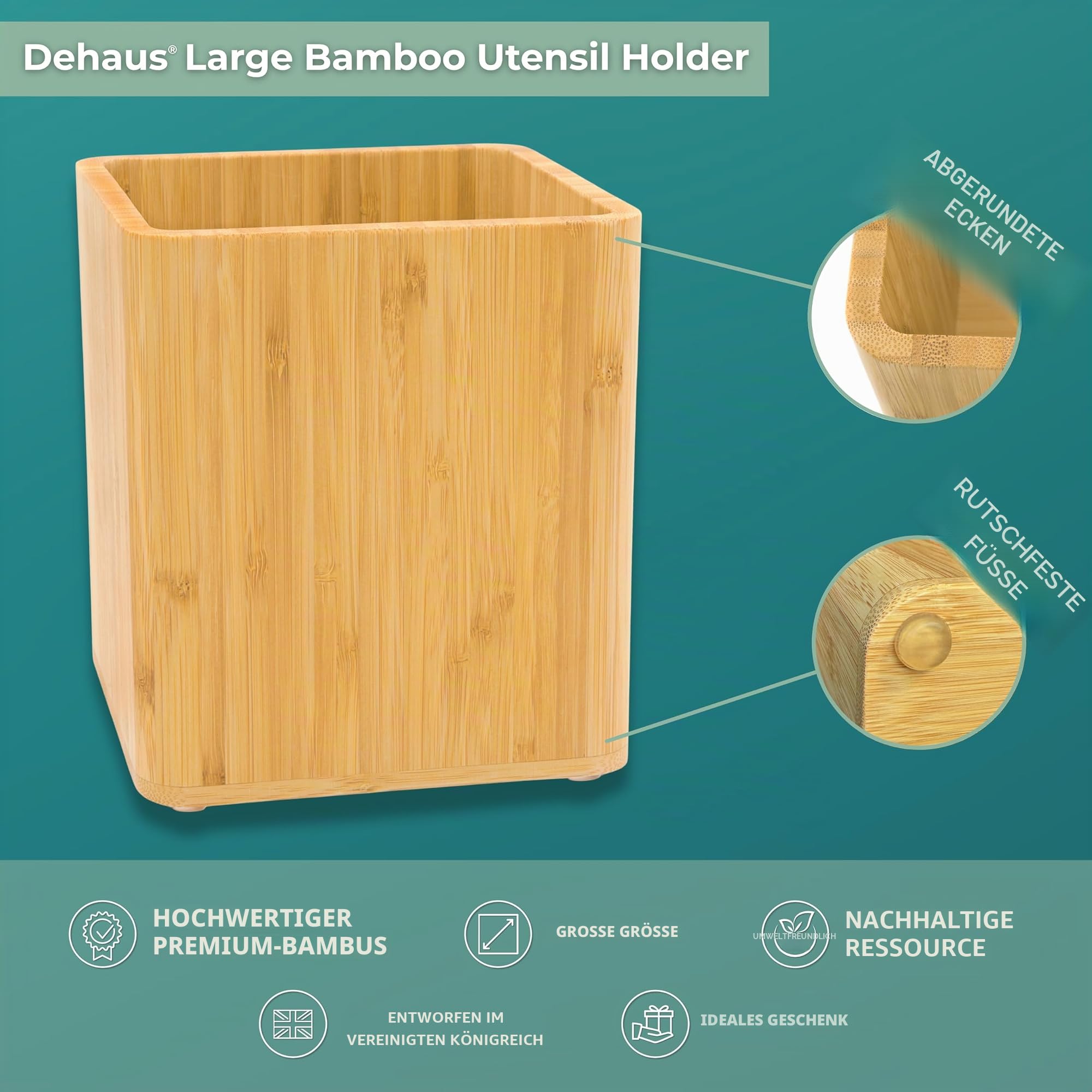 Dehaus® Große Bambus Küchenutensilienhalter, Utensilienhalter Küche, Küchenutensilien Aufbewahrung, Behälter für Küchenutensilien, Kochutensilien Aufbewahrung, 16.5cm H x 14cm x 14cm