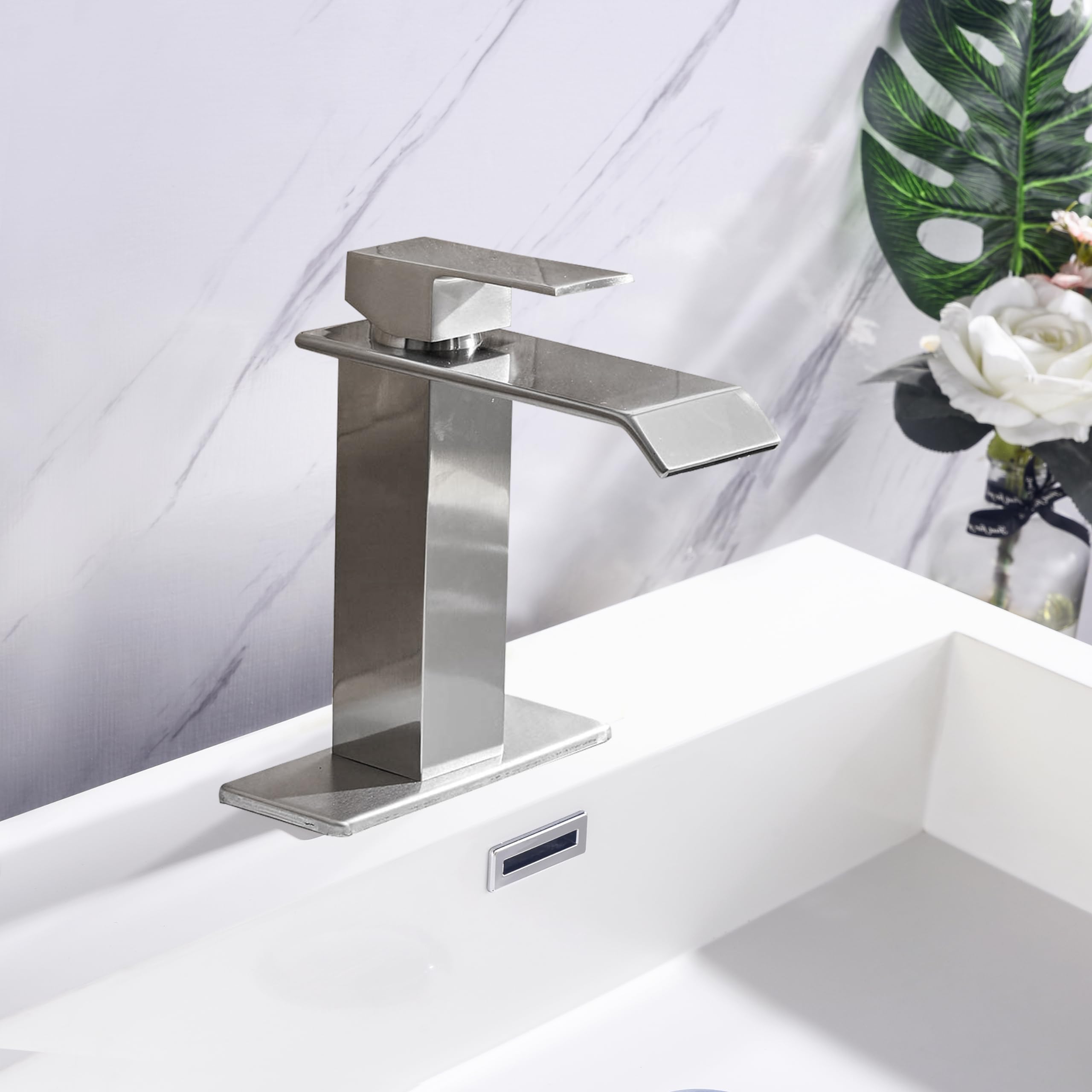 COSZWQDP Waterfall Spout Bathroom Faucet Single Handle Design with Pop Up Drain Assembly Brushed Nickel Finish
