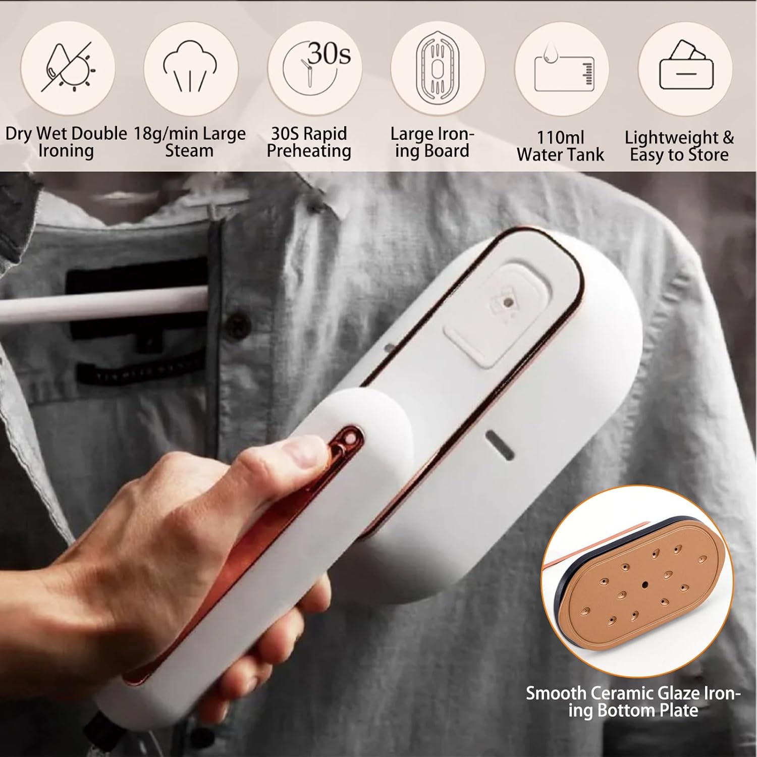 Portable Travel Steamer, 1200W Handheld Home Clothing Wrinkle Remover, Large Steam Clothing Steamer with PCB Intelligent Temperature Control System,18g/min,110ML,Suitable for Home,Travel&Dorm (White)