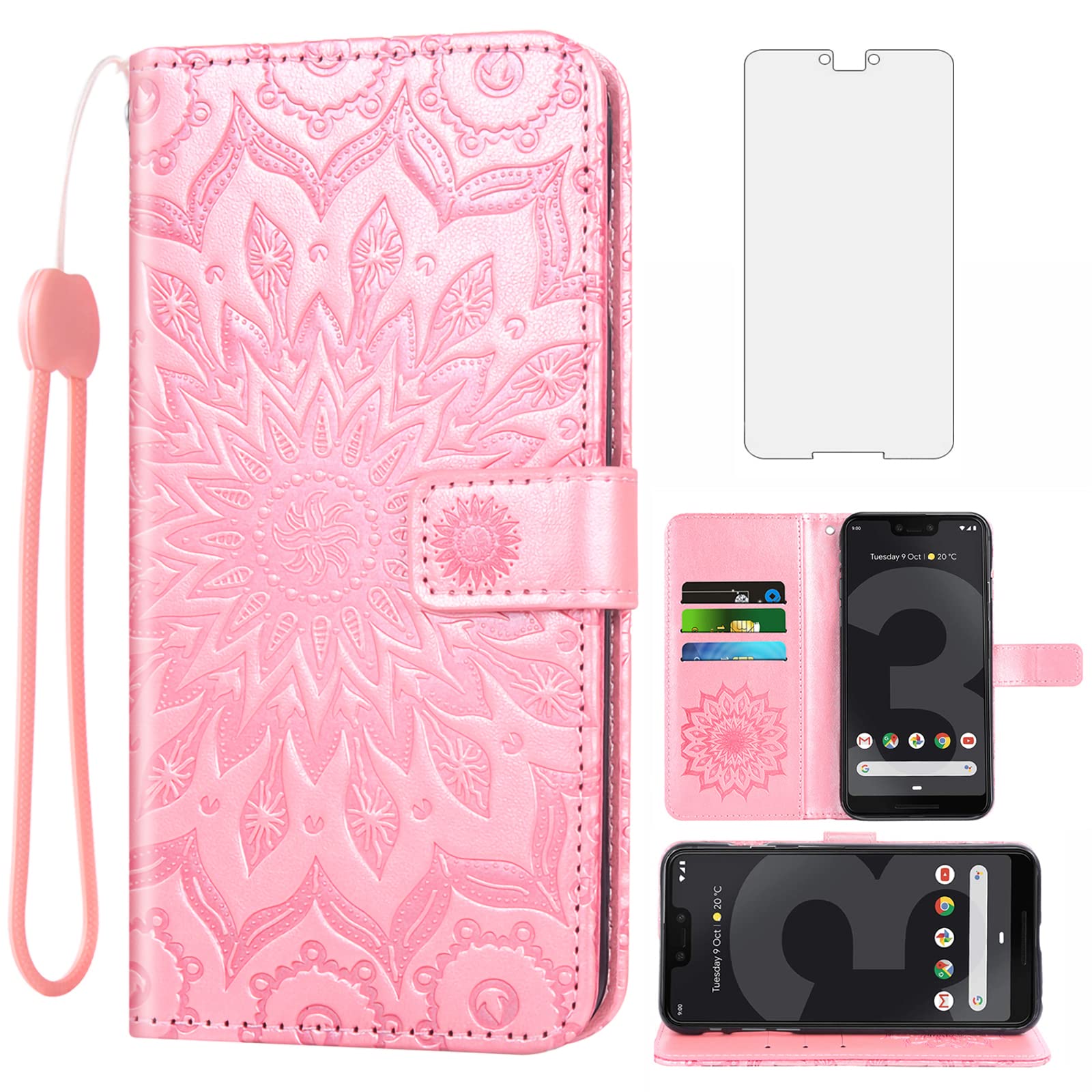 Phone Case for Google Pixel 3 XL Wallet Cases with Tempered Glass Screen Protector and Leather Magnetic Slim Flip Cover Card Holder Stand Cell Accessories Pixel3XL Pixel3 LX Pixle 3XL Women Rose Gold