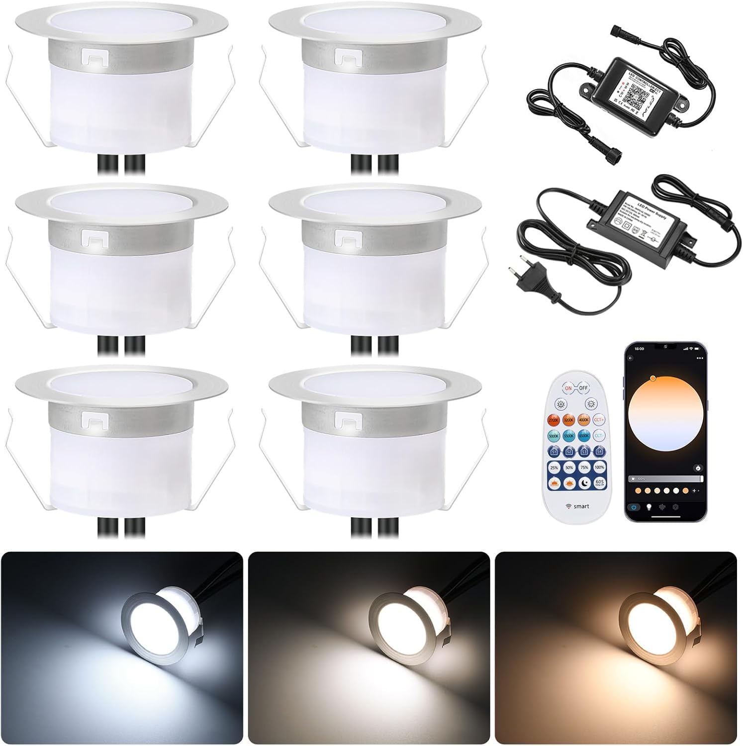 6er WIFI Smart Dimmbar 3000k-6000k Einbaustrahler 1W Bodeneinbauleuchten Arbeitet mit Alexa, Google Home, Ø45mm IP67 Wasserdicht LED Einbaustrahler Außen, timing function,mit Fernbedienung