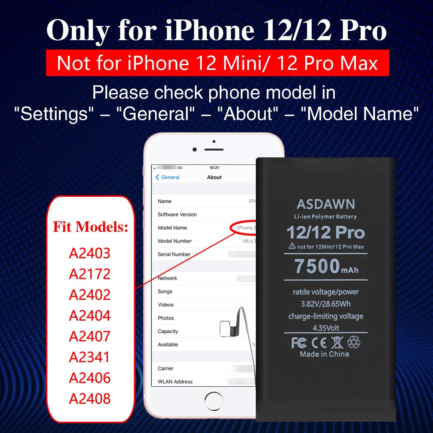 ASDAWN 7500mAh Battery for iPhone 12/ iPhone 12 Pro (Not for 12 Mini/ 12 Pro Max), Upgraded Higher Capacity iPhone 12/12 Pro Battery Replacement for A2403 A2172 A2402 A2404 A2407 A2341 A2406 A2408