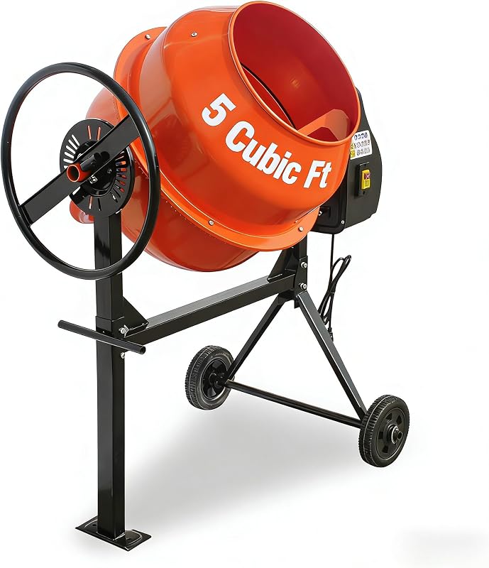 5 Cubic Ft Electric Cement Mixer, 0.75 HP 550W Electric Mixer Machine with 140L Drum, 2 Wheels and Stand, Portable Concrete Mixing Machine for Mortar, Stucco, Seeds and Fodder