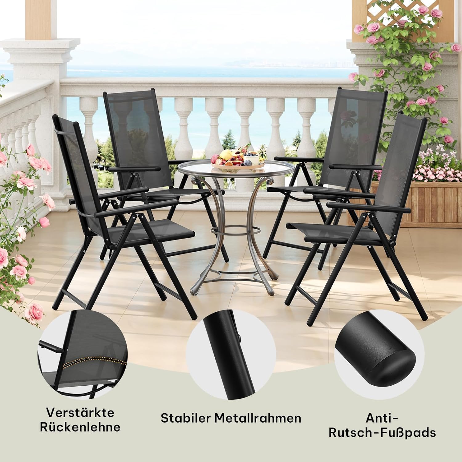 eSituro 2er Gartenstuhl Hochlehner Klappbar 7-Fach Verstellbare Rückenlehne Klappstühle 150 kg Belastbar Campingstuhl Balkonstuhl Klappsessel Garten Terrasse, Schwarz Grau