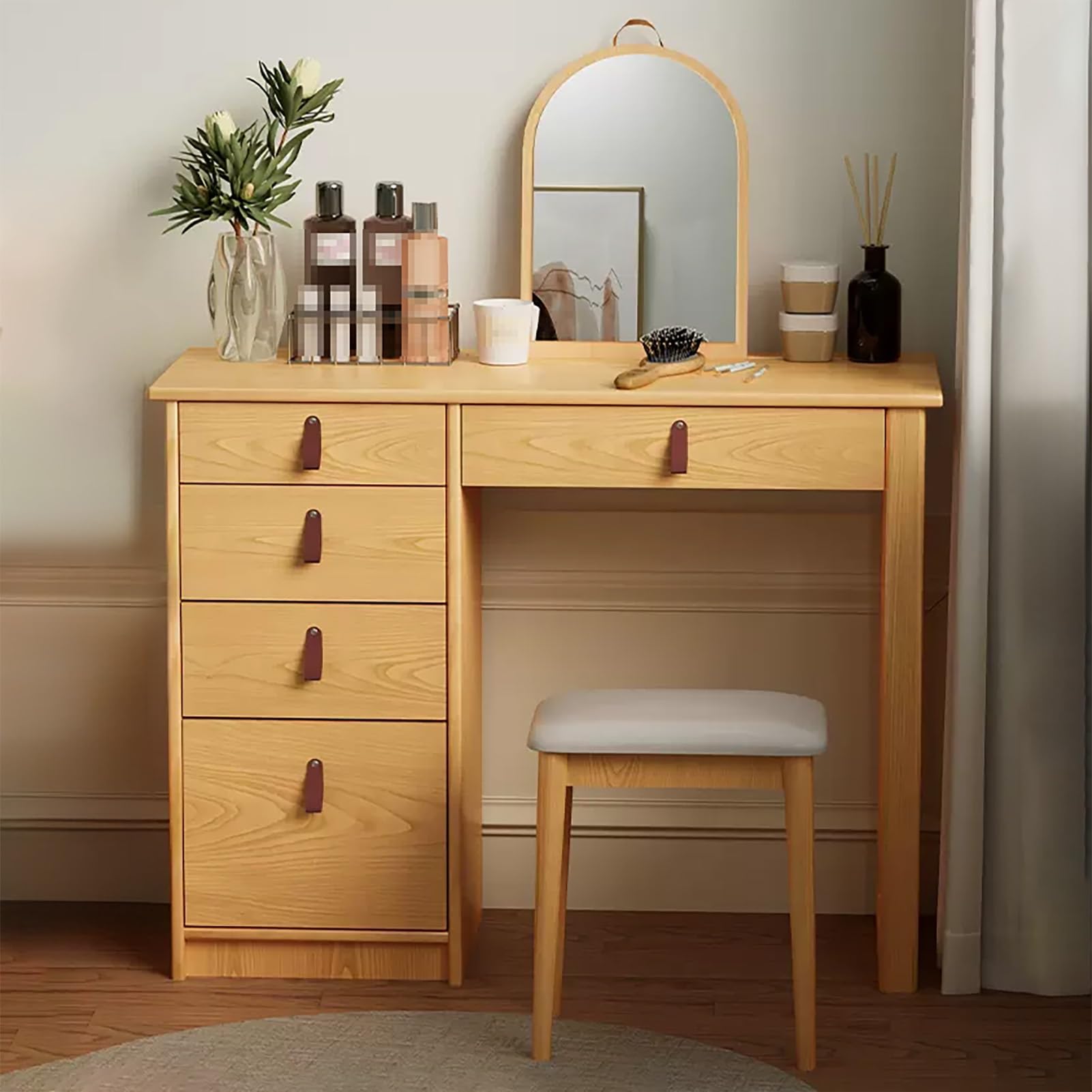 asdchZen Wood Makeup Vanity Table Set With Movable Mirror & 5 Drawers, Stylish Dressing Table With Stool For Women, Natural Finish Bedroom Furniture,Natural-100cm/39.3in