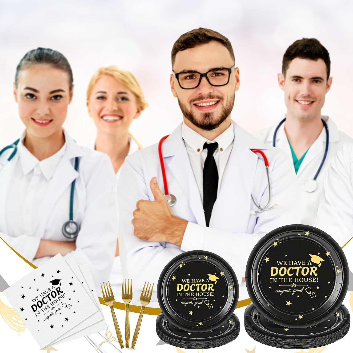 Remerry 96 Pcs/24 Set 2026 We Have a Doctor at Home Tableware Set Including Disposable Paper Plates Napkins and Forks Doctor Graduation Supplies Class of 2026 Medical School Graduation Party Supplies