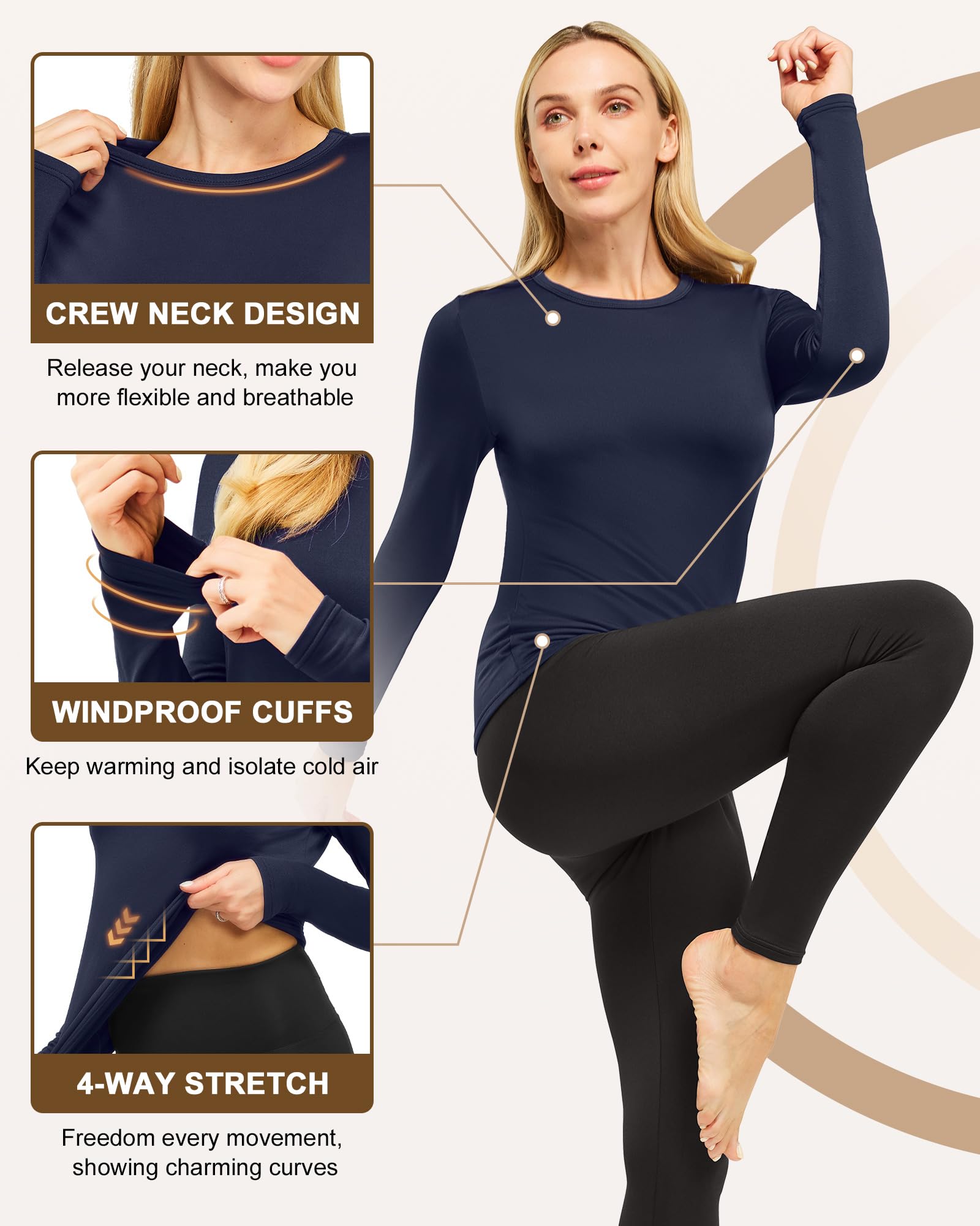 CL convallaria 1 2 4 piezas de ropa interior térmica para mujer, con forro polar, camiseta de manga larga, negro, blanco, azul, gris claro jaspeado, XXL