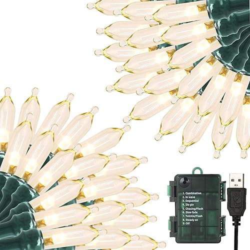 VTECHOLOGY 100 luces LED de árbol de Navidad de 33 pies que funcionan con baterías, blanco cálido, 8 modos, luces de cadena con temporizador para