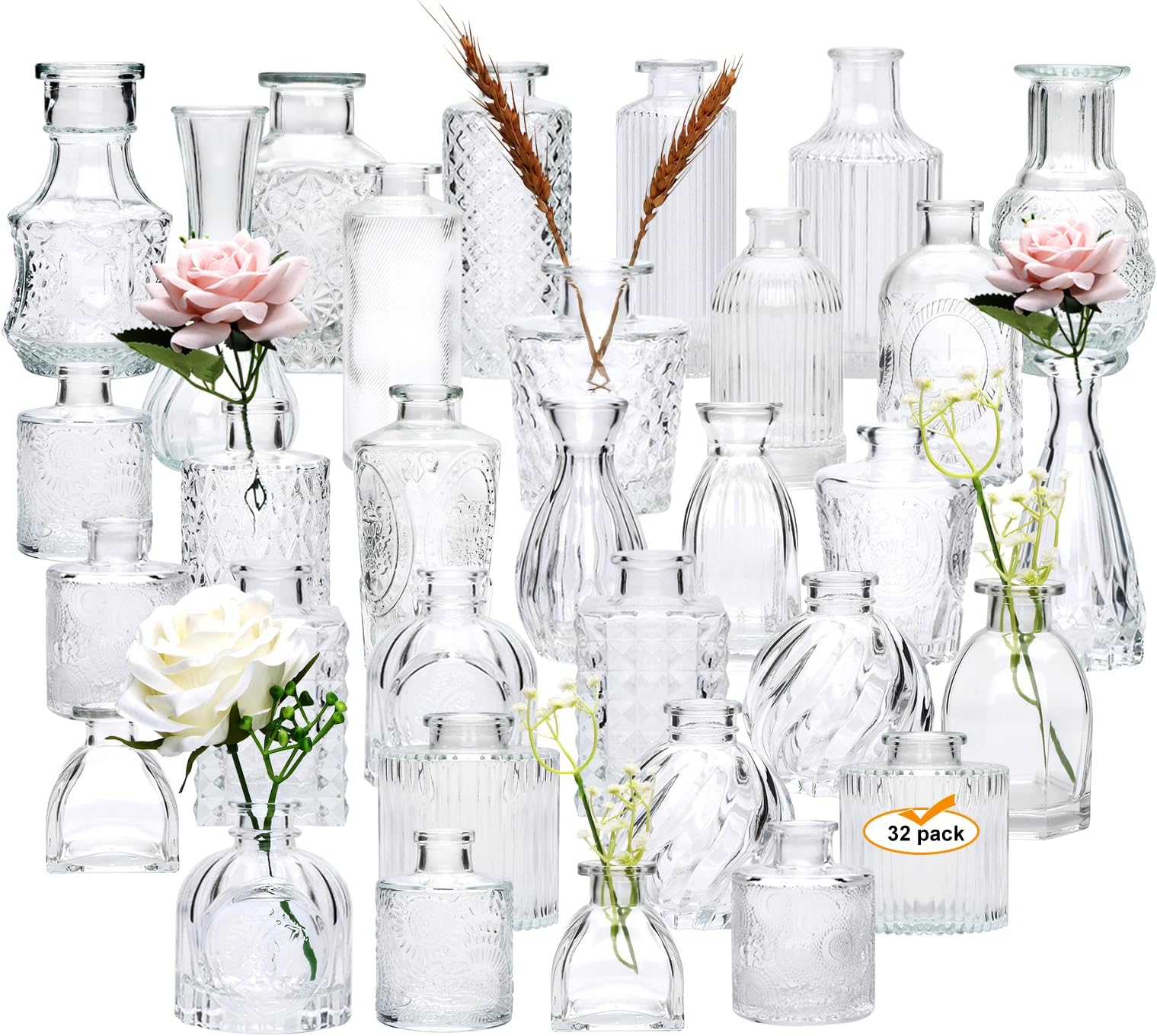 Brajttt Glass Bud Vase Set of 32 pcs,Bud Vases in Bulk,Small Vases for Centerpieces, Mini Flower Vase Bulk for Rustic Wedding Home Table Decorations