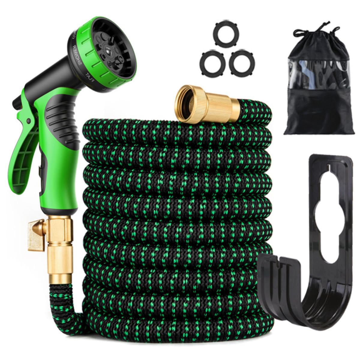 100 ft Expandable Garden Hose with 10 Function Hoses Nozzle–Extra Strength Fabric with 3/4" Solid Brass Connectors -Lightweight & No-kink Leakproof Hose Water Pipe,Durable Outdoor Garden Hose (Green)