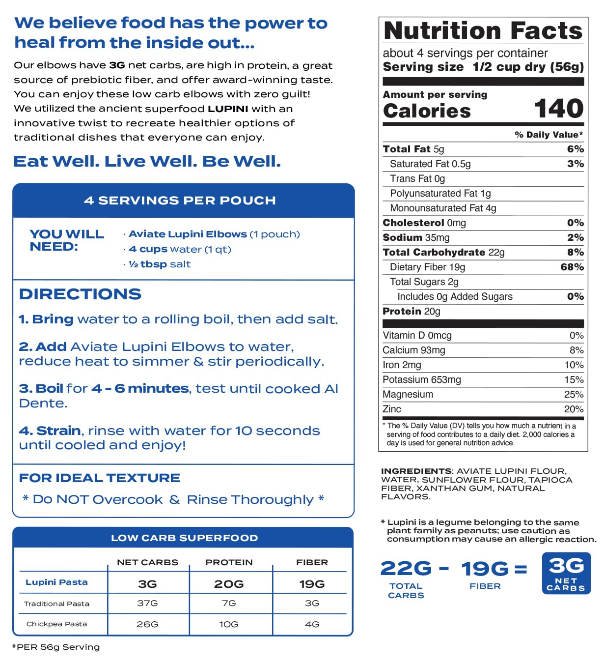 Aviate Keto Pasta Elbows - Low Carb (3g Net) Lupini Noodles, High Protein (20g), Gluten-Free, Made with Lupin Flour, Plant Based Vegan, Keto-Friendly, Low Carb - Macaroni Elbows (8oz) (Pack of 3)