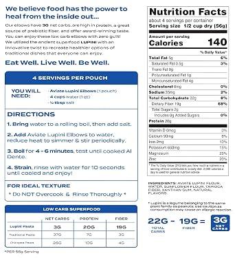 Aviate Keto Pasta Elbows - Low Carb (3g Net) Lupini Noodles, High Protein (20g), Gluten-Free, Made with Lupin Flour, Plant Based Vegan, Keto-Friendly, Low Carb - Macaroni Elbows (8oz) (Pack of 3)