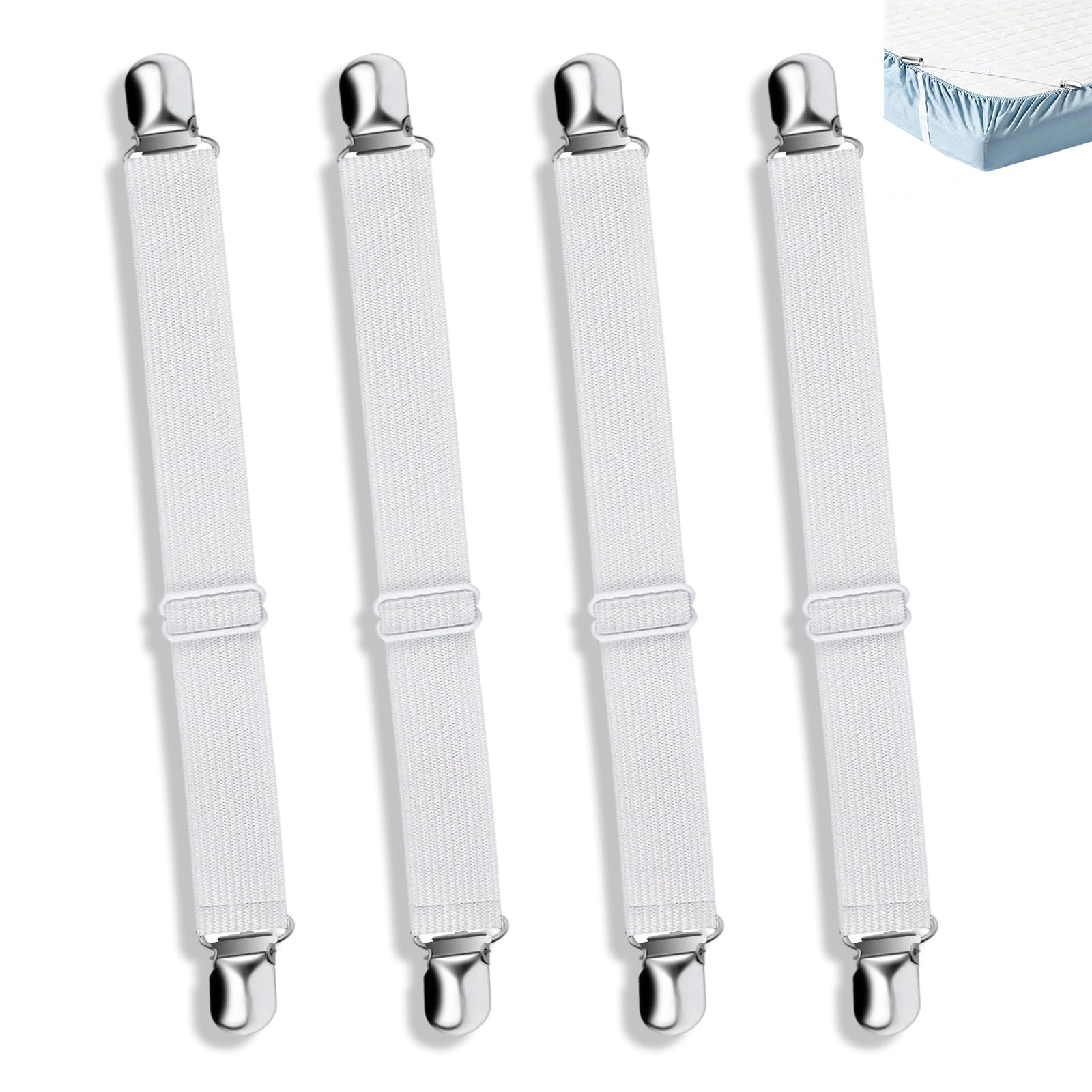 Nirvazleen 4PCS Adjustable Bed Sheet Straps, Elastic Sheet Straps Suspenders Clips for Bedding, Fitted Bed Sheet Grippers to Keep Your Sheets in Place