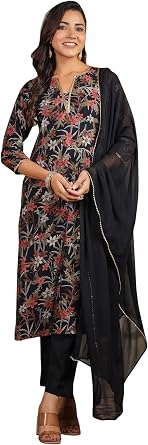Janasya Indian Womens Chanderi Silk Black Floral Print Casual Wear Kurta Set for Women