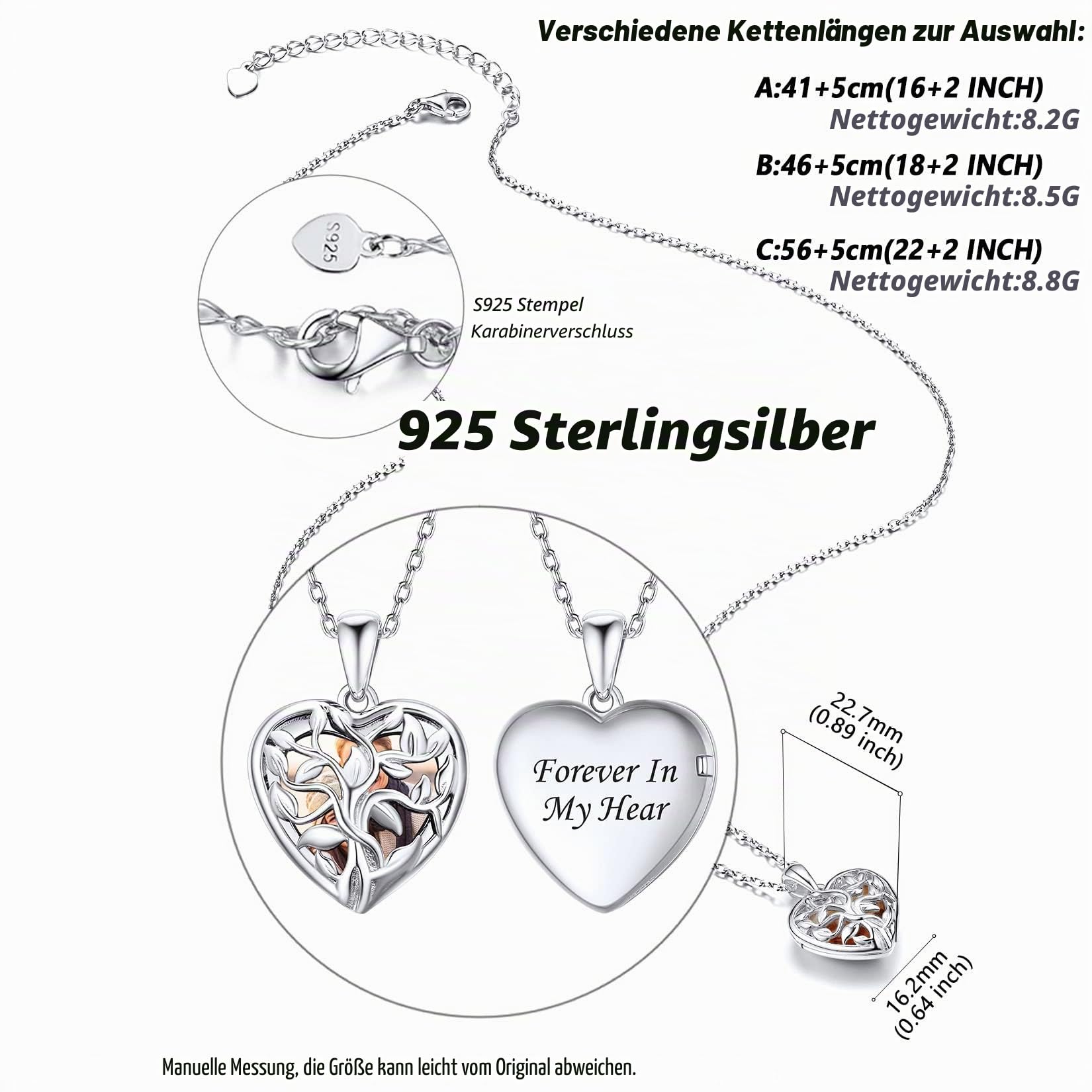 Silvora Individueller Foto Anhänger Halskette Bild Anhänger zum Öffnen mit Medallion aus S925 Silber in Herzform/Herzförmiger Lebensbaum/Keltischer Knoten in Weißgold/Gold/Rosegold mit 41/46/56cm+5cm Kette