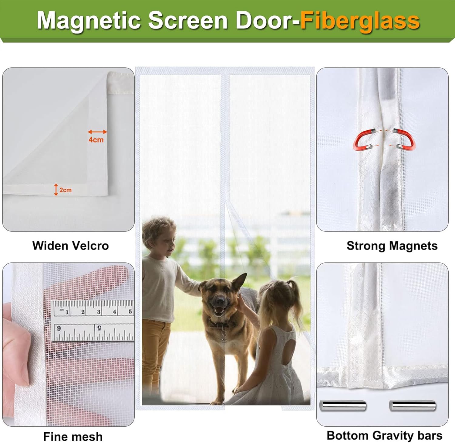 Risareyi Fiberglass Magnetic Screen Door Actual Size 74"x82", White Bugs Net Thicker Mesh Curtain Screen with Magnets Heavy Duty for Front Door, Keep Bugs Out, Full Frame Hook & Loop