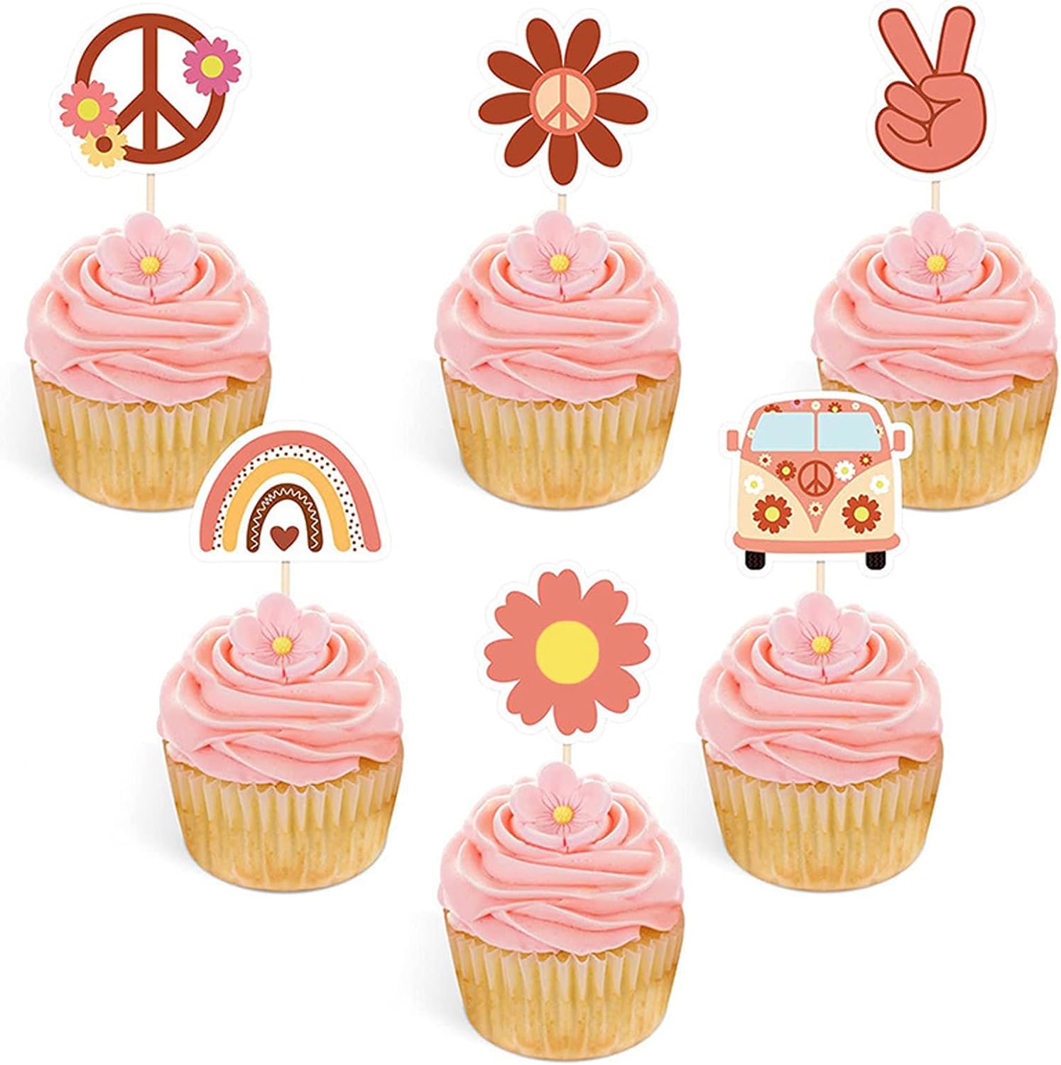 24Pcs Hippie Cupcake Toppers for Two Groovy 2nd Birthday Party Decorations 60s Retro Boho Rainbow Themed Party Cupcake Decoration Supplies - A