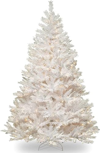 National Tree Company - Árbol de Navidad artificial preiluminado incluye luces blancas preencordadas y soporte blanco con purpurina plateada pino