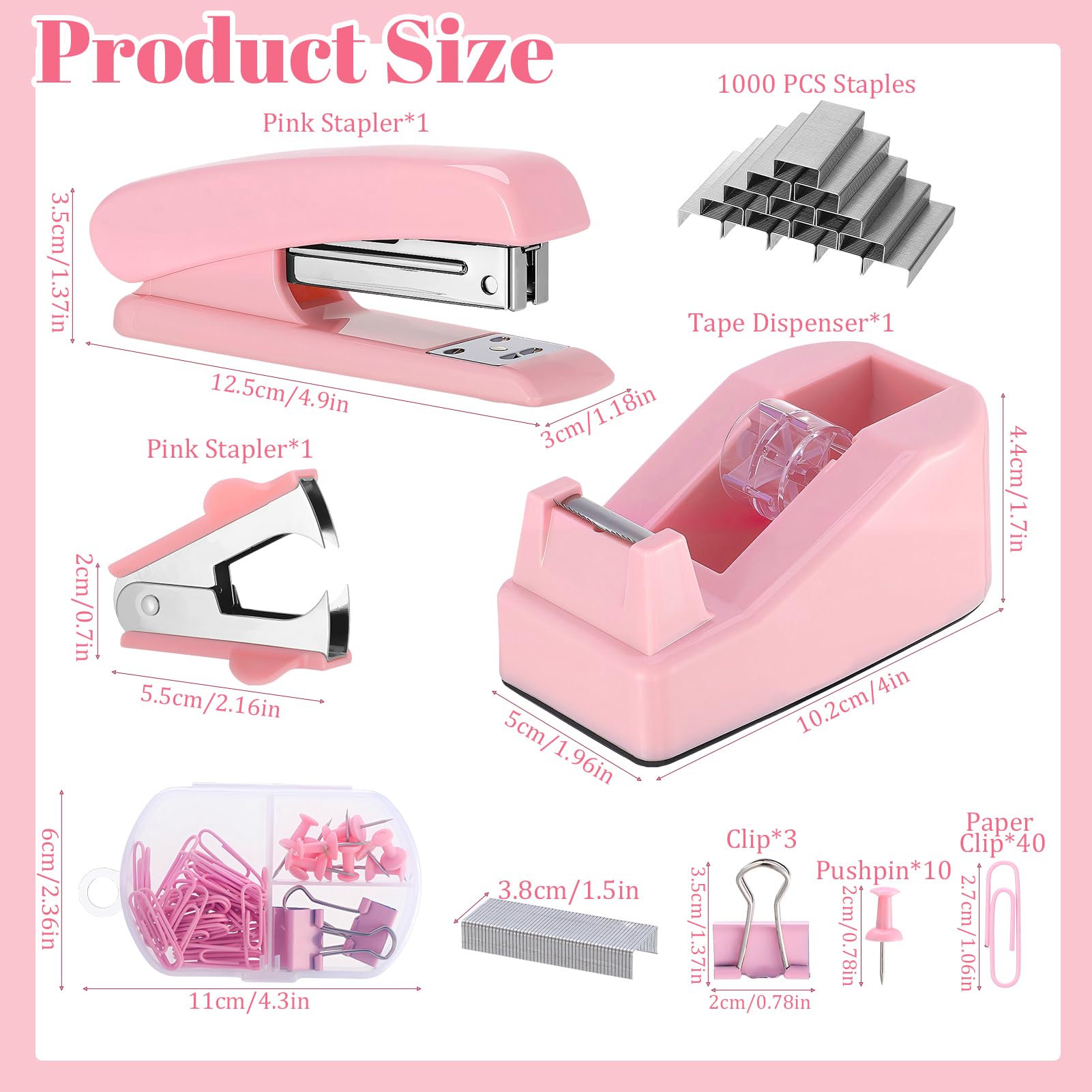 Candcamp Pink Office Supplies Set, Pink Stapler and Tape Dispenser Set including Staple Remover, Staples, Scissor, Clips - Image 2