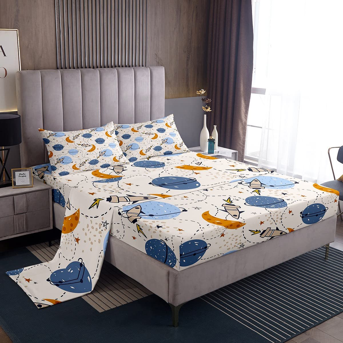 Loussiesd Juego de sábanas para niños y niñas, diseño de cohete de dibujos animados, galaxia, juego de cama para niños y niñas, bonito juego de cama de plantas de aventura en el espacio exterior